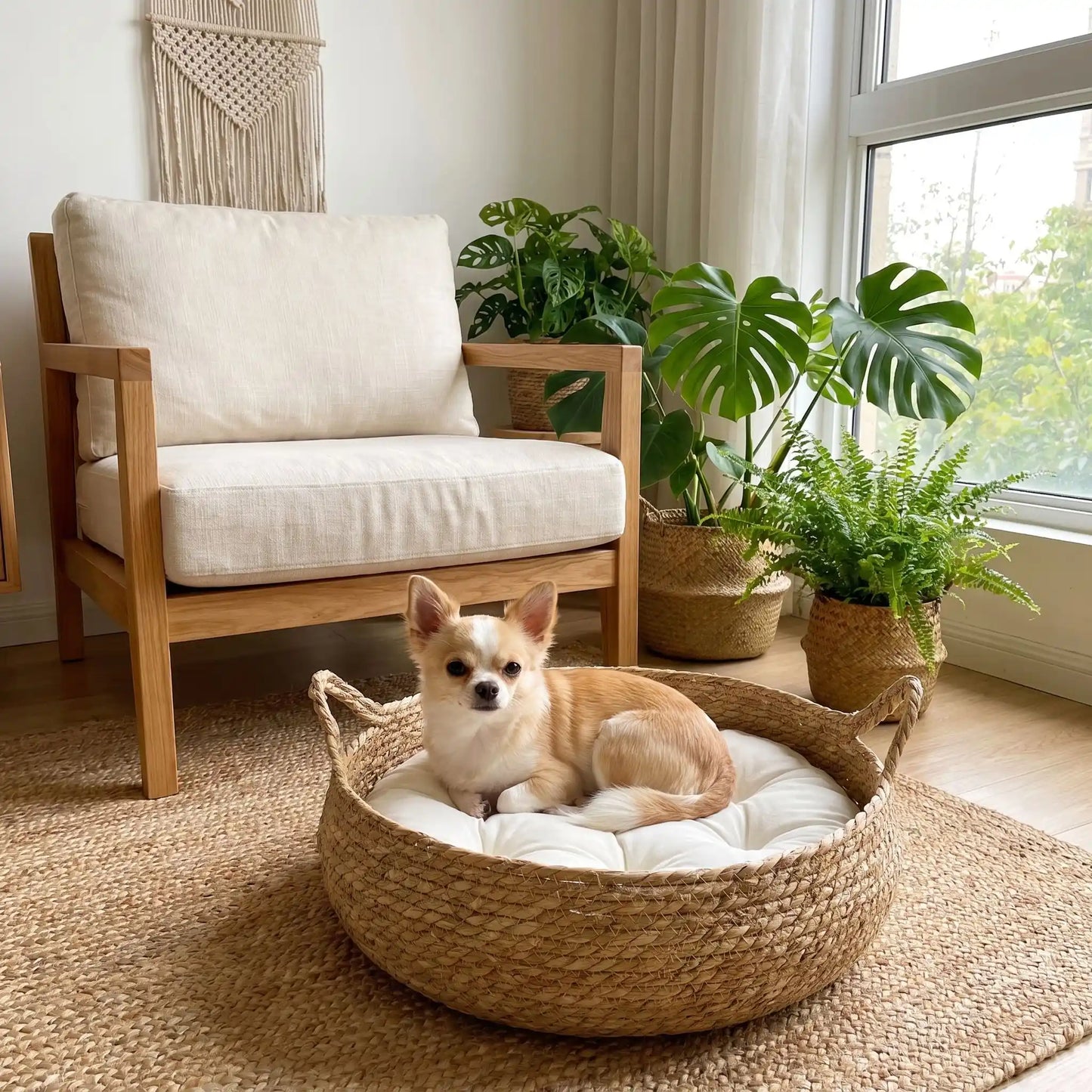 Panière-chien-chiot-osier-taille-xs pour chiot et chien de race naine ou petite de 0 à 3 kg avec coussin intérieur matelassé épais et rembourré 100% coton haute densité , matériaux 100% naturels, hypoallergénique et écoresponsable , lavable en machine-un chihuahua couché confortablement dans son panier en osier rond sur le coussin avec rebord épais et moelleux de couleur blanc au pied du lit de sa maitresse dans le salon de l'appartement