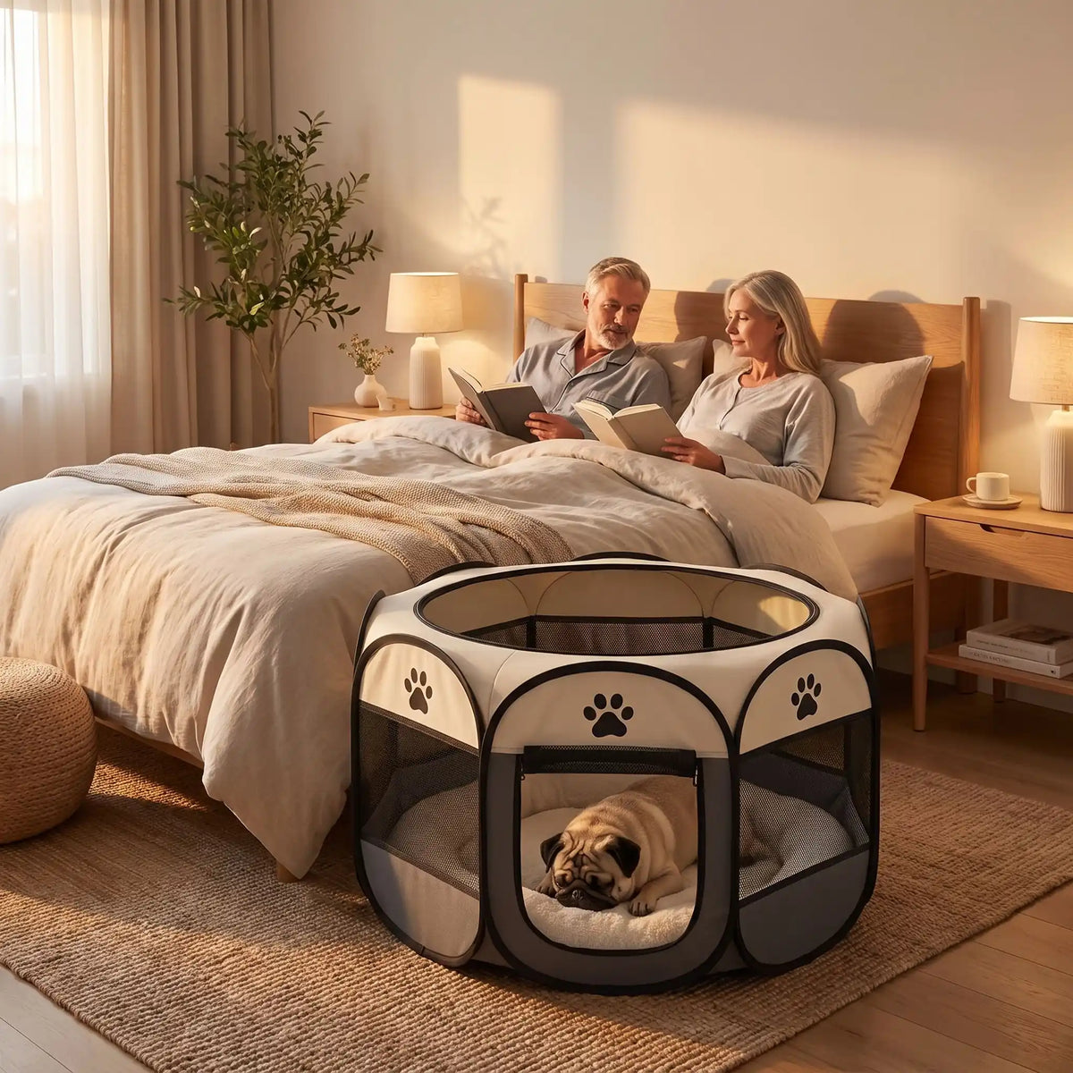 Parc-pour-chien-pliable-chiot-imperméable de forme octogonal en tissu oxford résistant et maille respirante pour une visibilité et ventilation à 360° niche ou tente entourante avec toit amovible anti-insectes et fond pvc solide et 100% imperméable, structure en tiges d'acier, transport léger avec poignée et rangement compact,disponible en 3 tailles M, L, XL avec design mignon de pattes de chien-un chien qui dort en sécurité dans le parc gris et beige avec sa porte ouverte au pied du lit de ses maitres