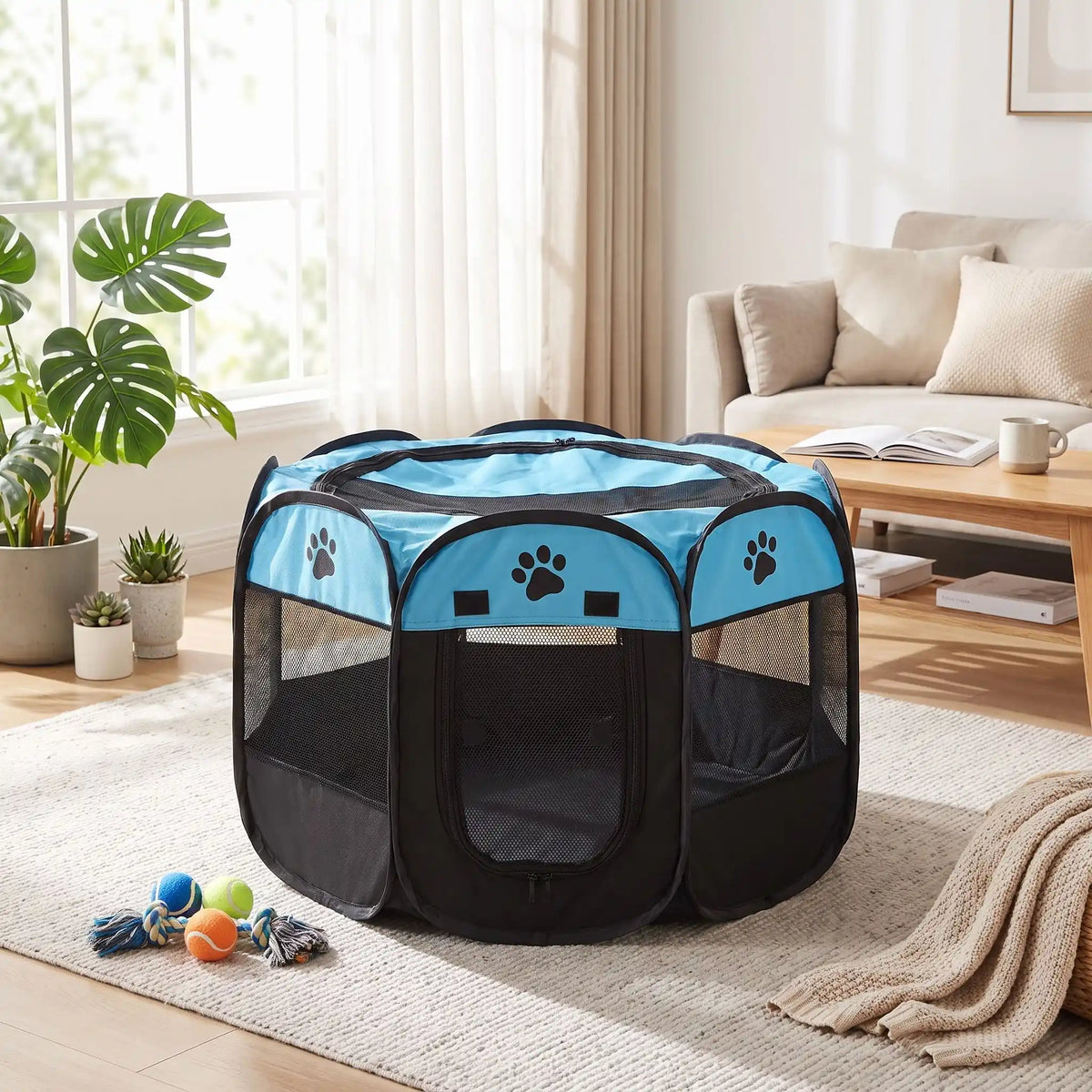 Parc-pour-chien-pliable-chiot-imperméable de forme octogonal en tissu oxford résistant et maille respirante pour une visibilité et ventilation à 360° niche ou tente entourante avec toit amovible anti-insectes et fond pvc solide et 100% imperméable, structure en tiges d'acier, transport léger avec poignée et rangement compact,disponible en 3 tailles M, L, XL avec design mignon de pattes de chien-gros plan sur le parc bleu et noir avec sa porte ouverte dans le salon de l'appartement