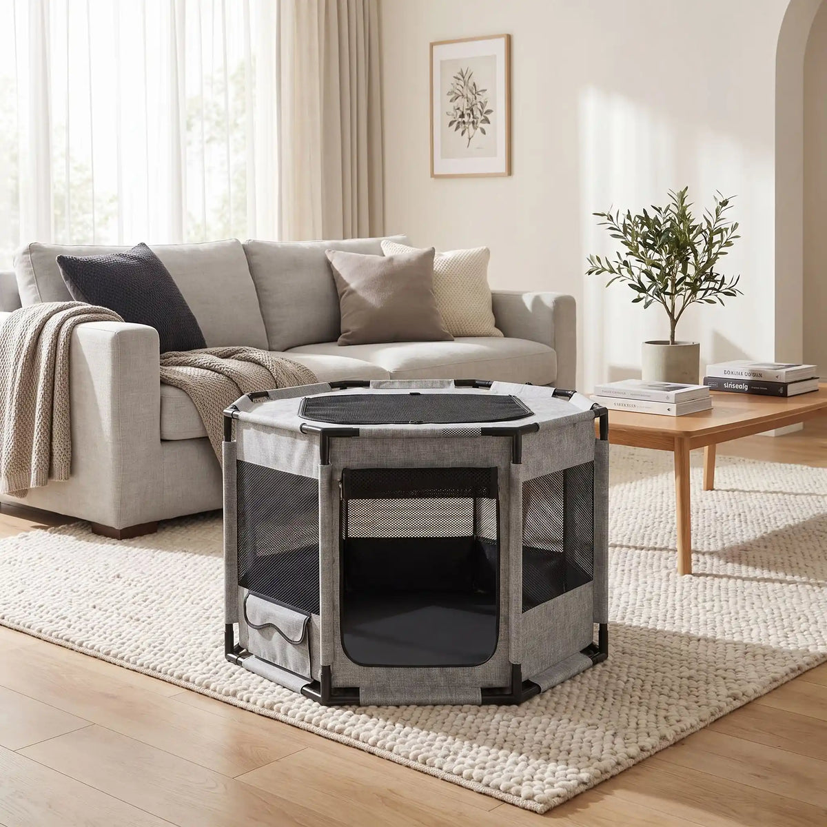 Parc-pour-chiot-pliable, imperméable de forme octogonale en tissu oxford résistant et maille respirante pour une visibilité et ventilation à 360° niche ou tente entourante avec toit amovible anti-insectes et fond pvc solide et 100% imperméable, structure en PVC cylindrique épais , transport léger, démontable et lavable compact,disponible en 2 tailles M,et L- gros plan sur le parc gris en tissu oxford 600D imperméable et maille respirante 360° avec porte et toit ouverts dans le salon de la maison