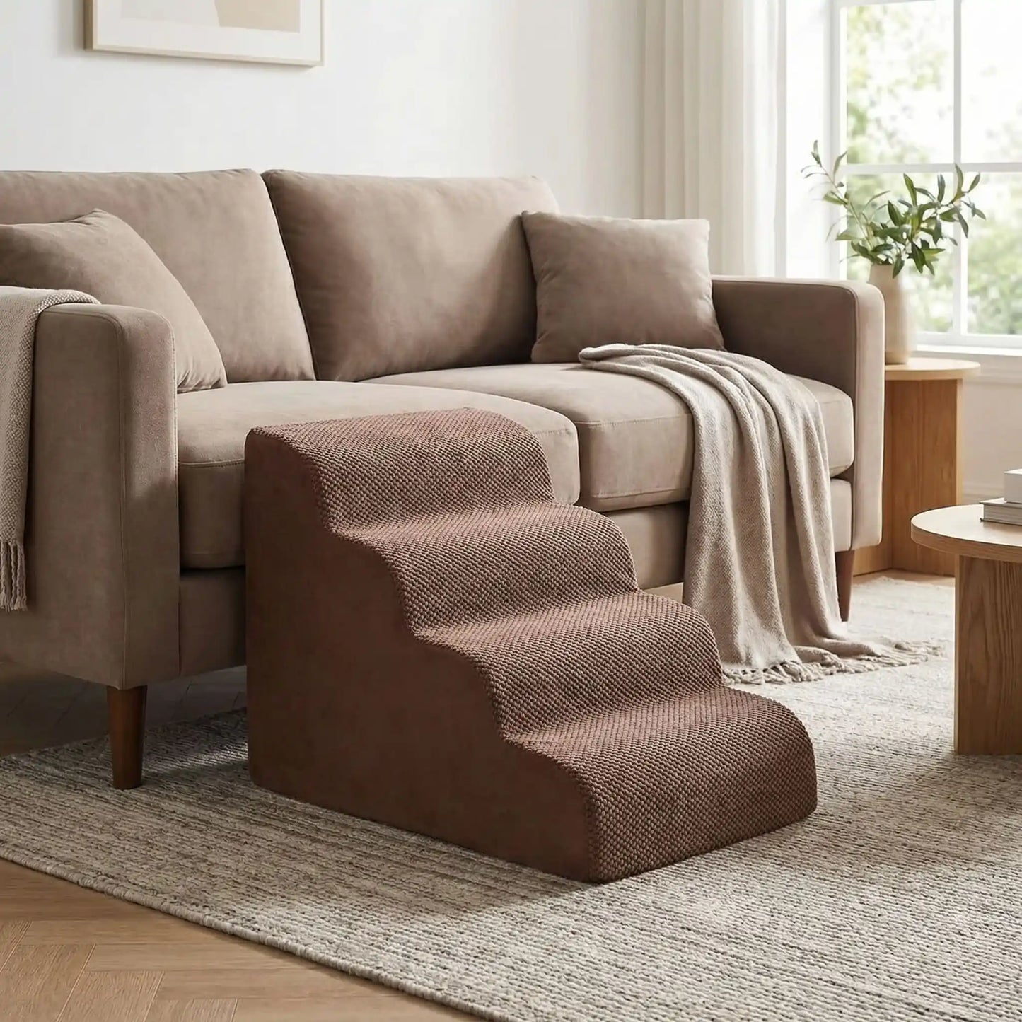 Petit-escalier-pour-chien-dehoussable-en-mousse haute résilience qui atténue la pressions sur ses articulations, résistant et doux pour ses coussinets, déhoussable, imperméable et lavable en machine de couleur gris pour chien de petite taille, polyvalent compact et transportable-de couleur marron adossé au canapé du salon qui favorise l'autonomie en toute sécurité des chiens