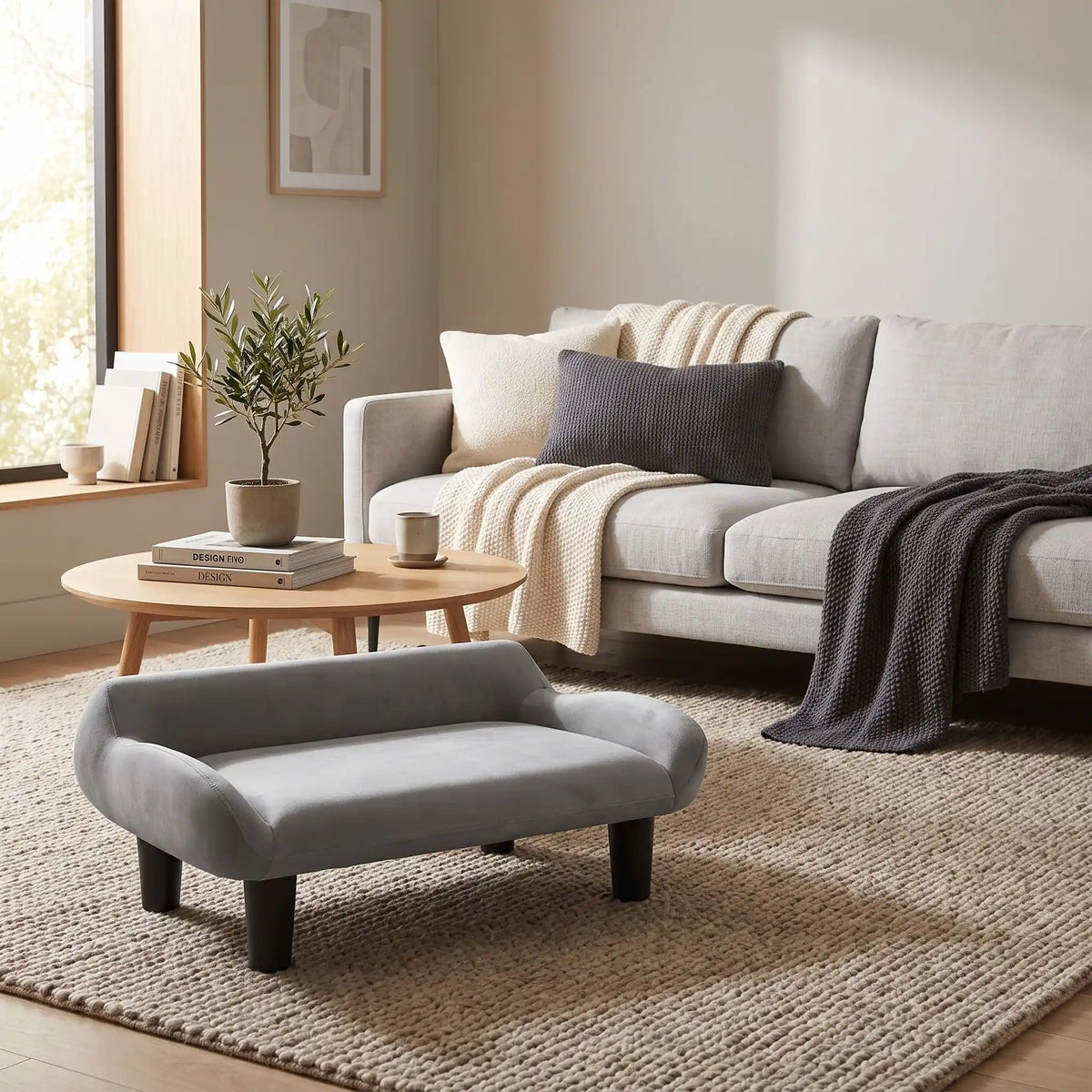Petit-fauteuil-pour-chien-chiot-design de couleur gris, dossier et accoudoirs arrondis dans un style scandinave, velours résistant aux griffes,rembourrage 100% coton haute densité pour un confort optimal,structure en bois massif et surélevé avec 4 pieds en bois massif pour chiot et chien de 0 à 8 kilos-gros plan sur le petit canapé gris design sur pied en bois massif et rembourrage en éponge coton ergonomique au pied du canapé de ses maitres dans le salon moderne de la maison