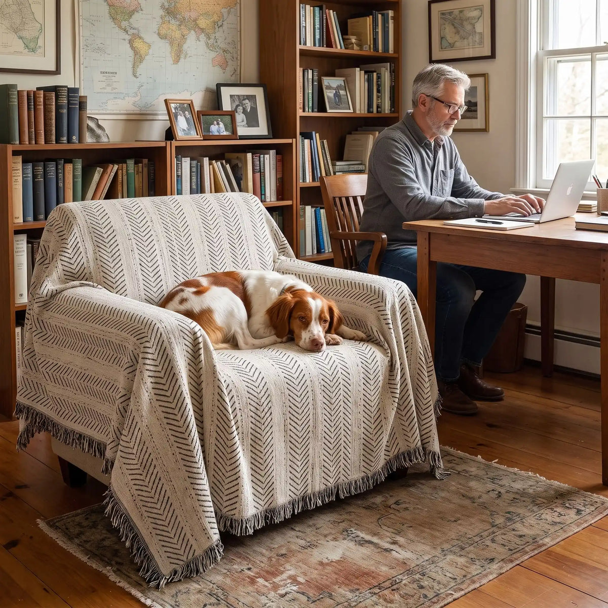Protège-canapé-pour-chien-plaid-anti-poils-résistante aux griffes, tissage chenille coton et polyester, écoresponsable avec franges pour un style bohème chic de couleur blanc et noir disponible en 4 tailles pour fauteuil/canapé une place, deux places, 3 places et 4 places, lavable en machine, doux respirant confortable et 4 saisons-un chien de race moyenne qui dort en boule confortablement sur le plaid de protection pour fauteuil une place dans le bureau de son maitre dans l'appartement