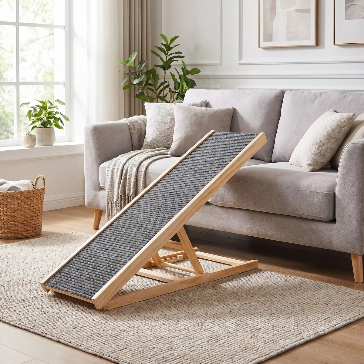 Rampes-pour-chien-chiot pliable, en bois massif robuste de pin et surface adaptable en moquette douce et antidérapante pour un accÚs sécurisé et facile au meubles, canapé, lit de la maison ou en transport en déplacement, en voiture pour la montée et la descente du chien en toute autonomie et sécurité, disponible en deux modÚles : 70/100cm 2/4 hauteurs réglables -gros plan sur la rampe inclinée de taille xl de 100 cm avec 4 hauteur réglable pour un accÚs facile au chiot et chien au canapé familial