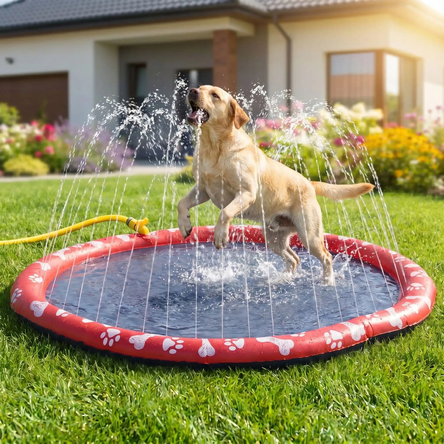 Tapis-d-eau-pour-chien-avec-jet-d-eau, installation immédiate sans gonflage ni outil, se branche directement au tuyau d'arrosage et donne des jets de différentes hauteur selon le réglage d'ouverture du robinet d'eau, antidérapant, ultra-résistant aux griffes avec PVC épaissi et motif mignon sur le boudin d'os et de pattes pour chien de couleur blanc-un grand chien tout heureux et rafraichit qui patauge et attrape en sautant les jets d'eau dans sa gueule du le tapis d'eau dans le jardin du pavillon