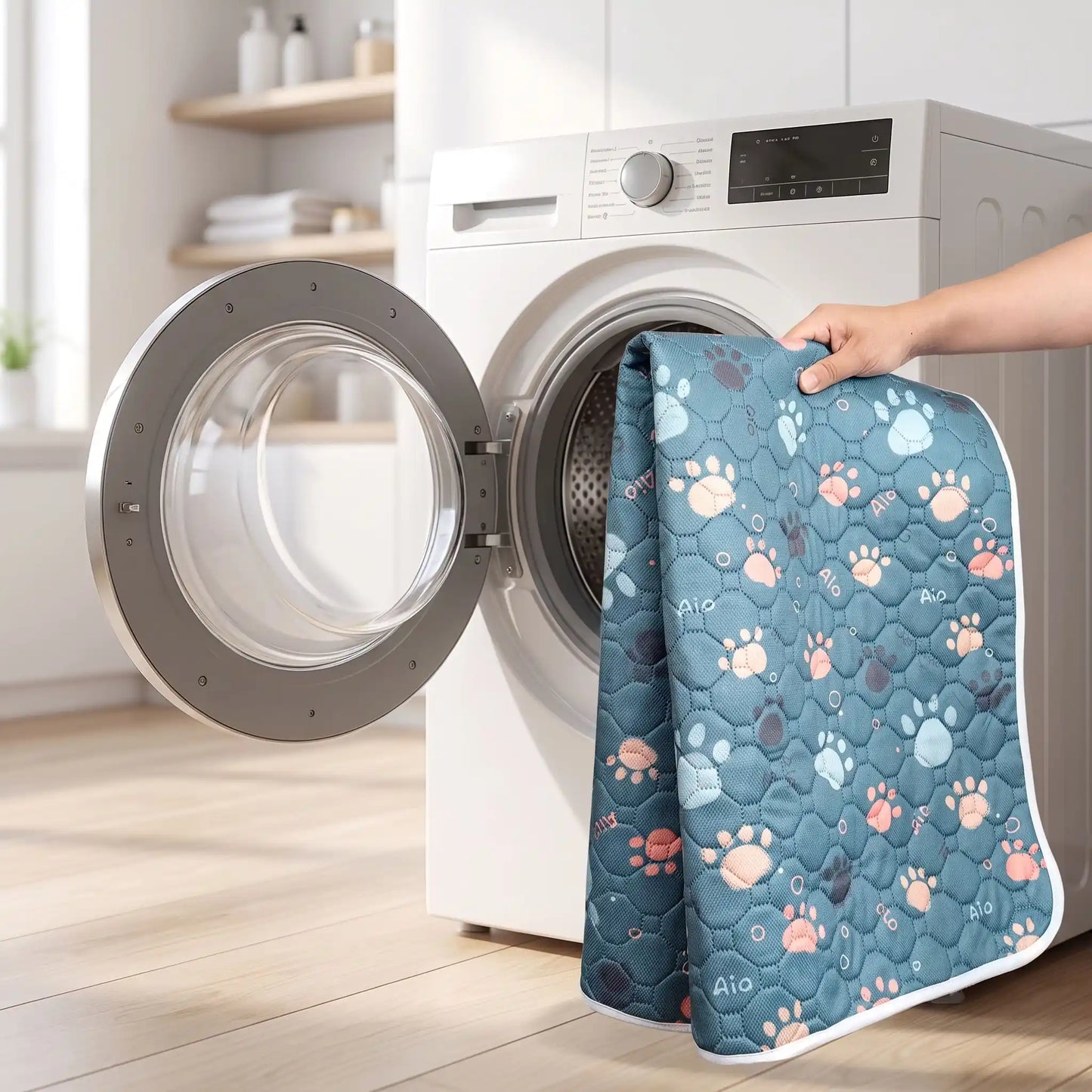 Tapis-d-hygiene-pour-chien-chiot- ultra absorbant, pour l'incontinence, post opératoire, apprentissage propreté, rembourrage super épais 100% coton haute densité, surface douce et imperméable, fond antiderapant, disponible en 3 tailles S,M et L pour protéger les meubles, siège, literie canine, ou surface de couchage pour chien adulte de petite à moyenne race-gros plan sur le tapis 100% absorbant confortable et respirant tenu par la propriétaire qui le met dans le tambour à laver pour un entretien facile
