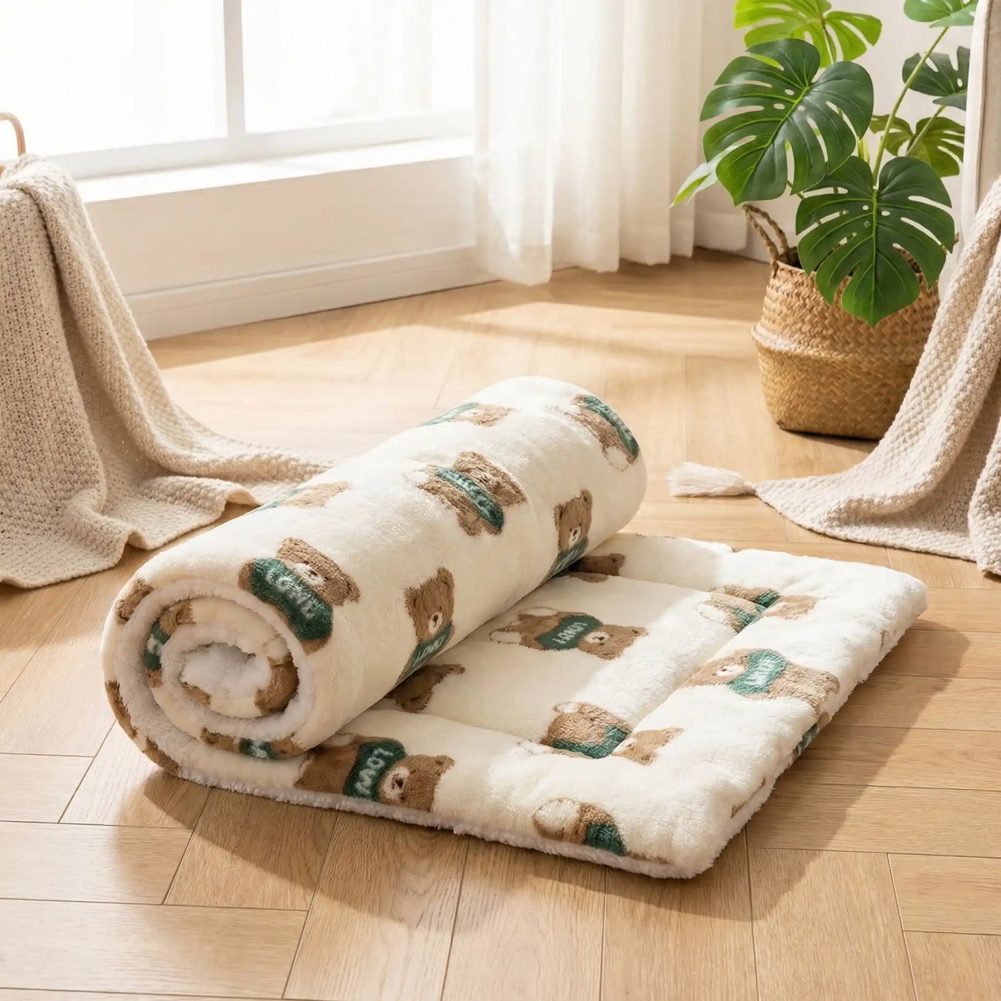 Tapis-pour-chien-chiot en flanelle douche, hypoallergénique en coton ergonomique avec rebord surélevé de forme rectangulaire, lavable en machine et durable, resistant aux griffes et morsures légÚre, chaud et respirant-isolant du sol froid, comme couche supplémentaire pour coussin, lit, panier pour chien-beige avec petits oursons