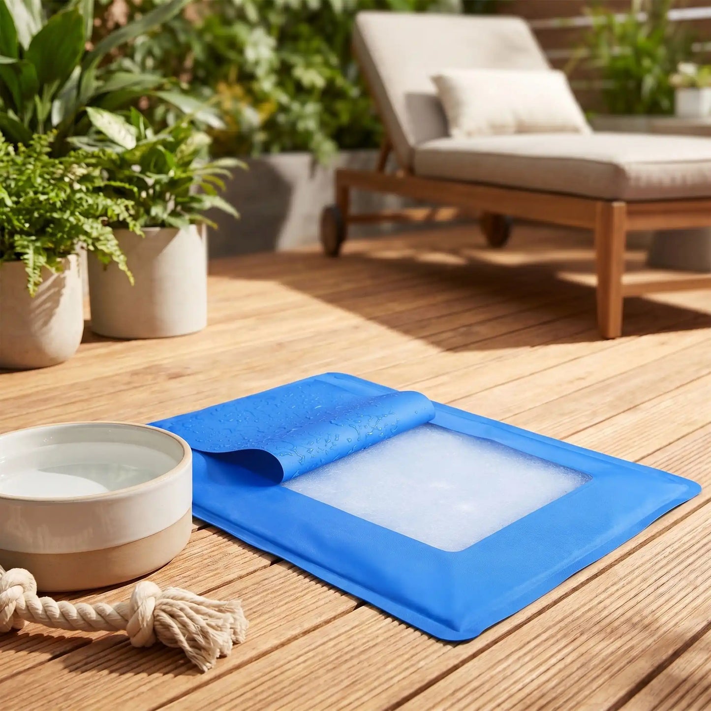 Tapis-pour-chien-rafraichissant-gel-garanti sans produits toxiques et sans danger, de couleur bleu, avec eponge ergonomique intérieur, gel composé de 98% d'eau, tissu extérieur résistant aux griffes et confortable pour la peau en nylon, pliable et transportable-utilisable comme couchage au sol, panier, voiture, niche, lit pour chiot et chien-4-tailles disponible en XS, S, M et L- gros plan sur le tapis rafraichissant de couleur bleu ouvert pour montrer l'intérieur et la composition non toxique du tapis