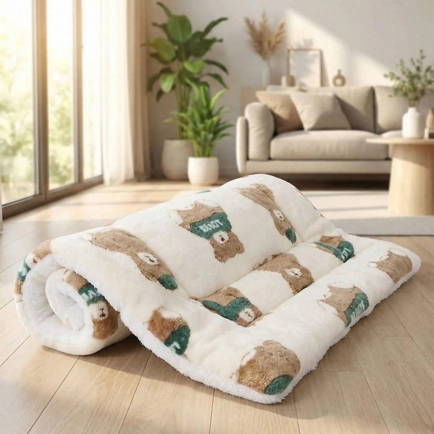 Tapis-pour-chiens-chiot en flanelle douche, hypoallergénique en coton ergonomique avec rebord surélevé de forme rectangulaire, lavable en machine et durable, resistant aux griffes et morsures légÚre, chaud et respirant-isolant du sol froid, comme couche supplémentaire pour coussin, lit, panier pour chien-de couleur crÚme avec ourson marron et vert