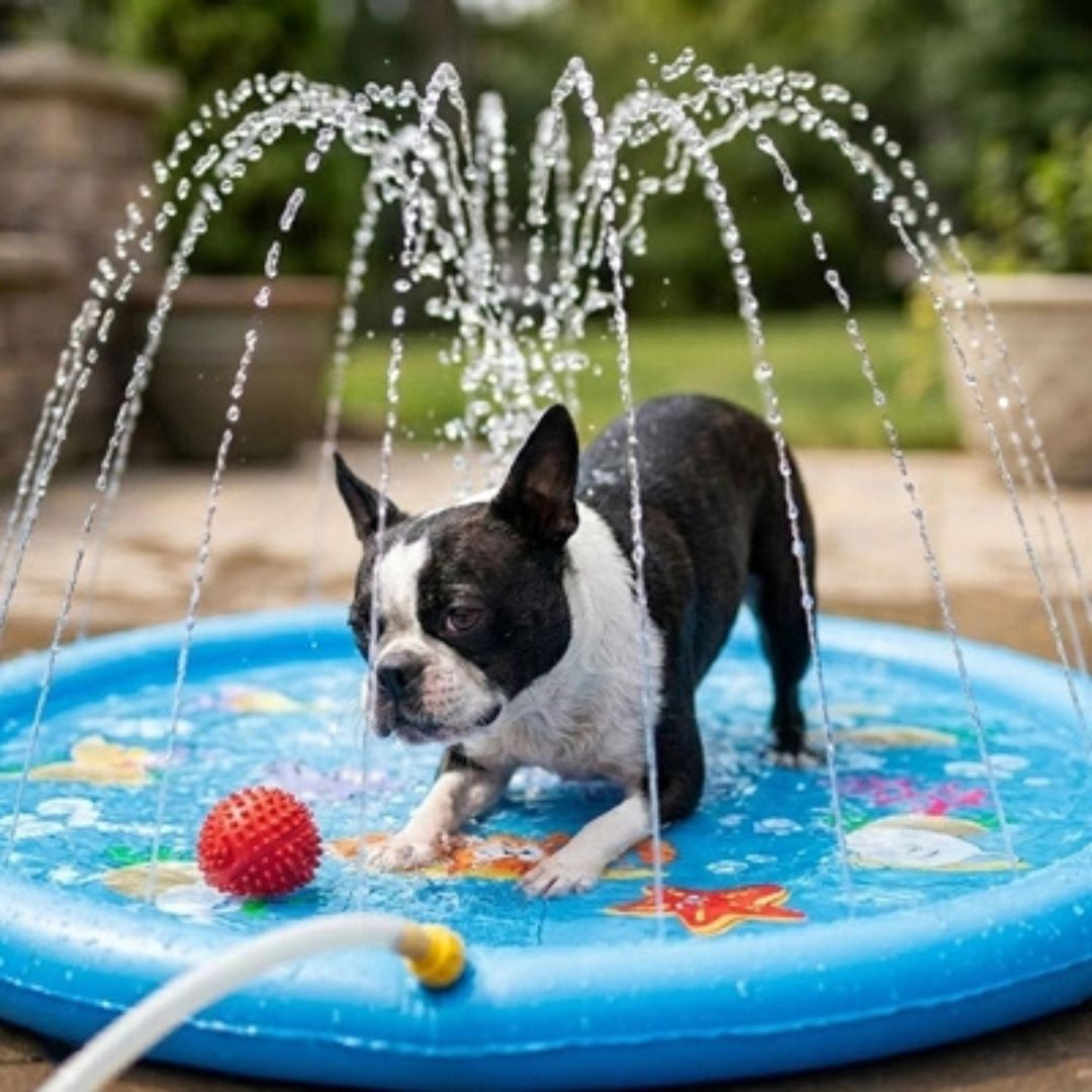 Tapis rafraichissant chien jet d'eau-chiot-piscine, tapis d'eau rafraichissant avec jets d'eau de couleur bleue,avec design animaux aquatique, PVC résistant antidérapant raccordable à un tuyau d'arrosage avec adaptateur universel, pas d'outil ni de gonflage, installation immédiate, en 2 tailles de diamètre de 100 et 170 cm pour chien et chiot de petite à grande taille-un chiot moyen qui se rafraichis en jouant dans la pataugeoire bleu avec jet de 100 cm de diamètre sur la terasse de la maison en été