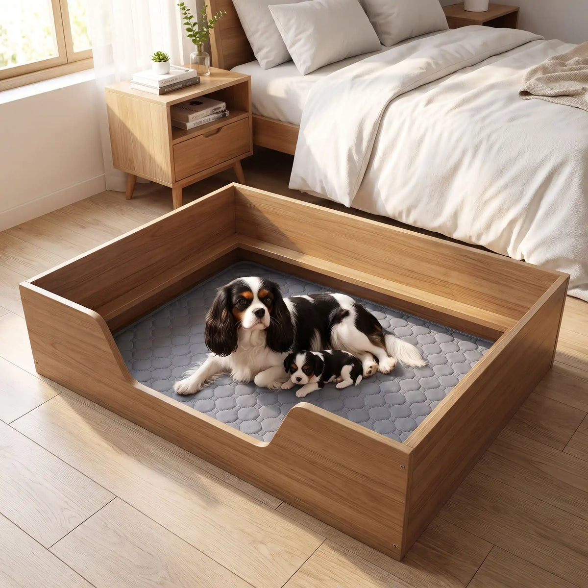 Alèse-lavable-chien-chiot-ultra-absorbant-gris, tapis confortable, surface anti poils et anti humidité, multi-couches 100% coton haute densité et son fond imperméable et antidérapant, disponible en 5 tailles : S, M, L et XL pour toute tailles et races de chiots et chien, multifonction, il protège efficacement sol, literie, meubles, voiture, caisse de transport et, réutilisable et durable, écologique-une chienne adulte avec son chiot  couché confortablement sur le tapis absorbant dans sa caisse de mise bas