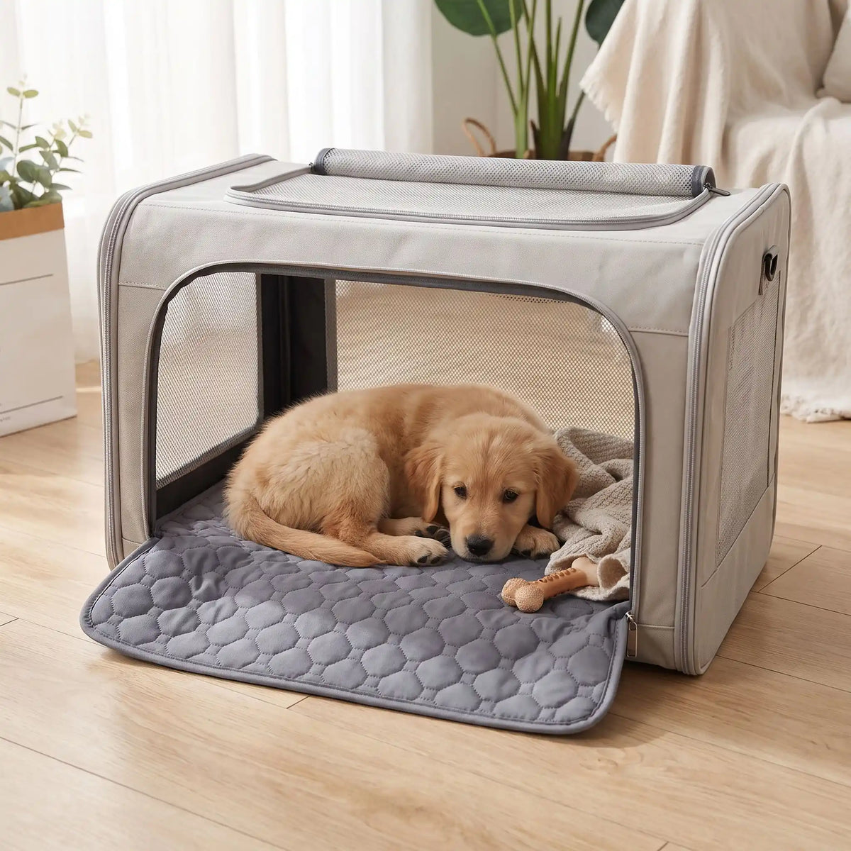 Alèse-lavable-chien-chiot-ultra-absorbant-gris, tapis confortable, surface anti poils et anti humidité, multi-couches 100% coton haute densité et son fond imperméable et antidérapant, disponible en 5 tailles : S, M, L et XL pour toute tailles et races de chiots et chien, multifonction, il protège efficacement sol, literie, meubles, voiture, caisse de transport et, réutilisable et durable, écologique-un chiot qui dort confortablement sur son alèse rembourrée qui protège sa caisse de transport 