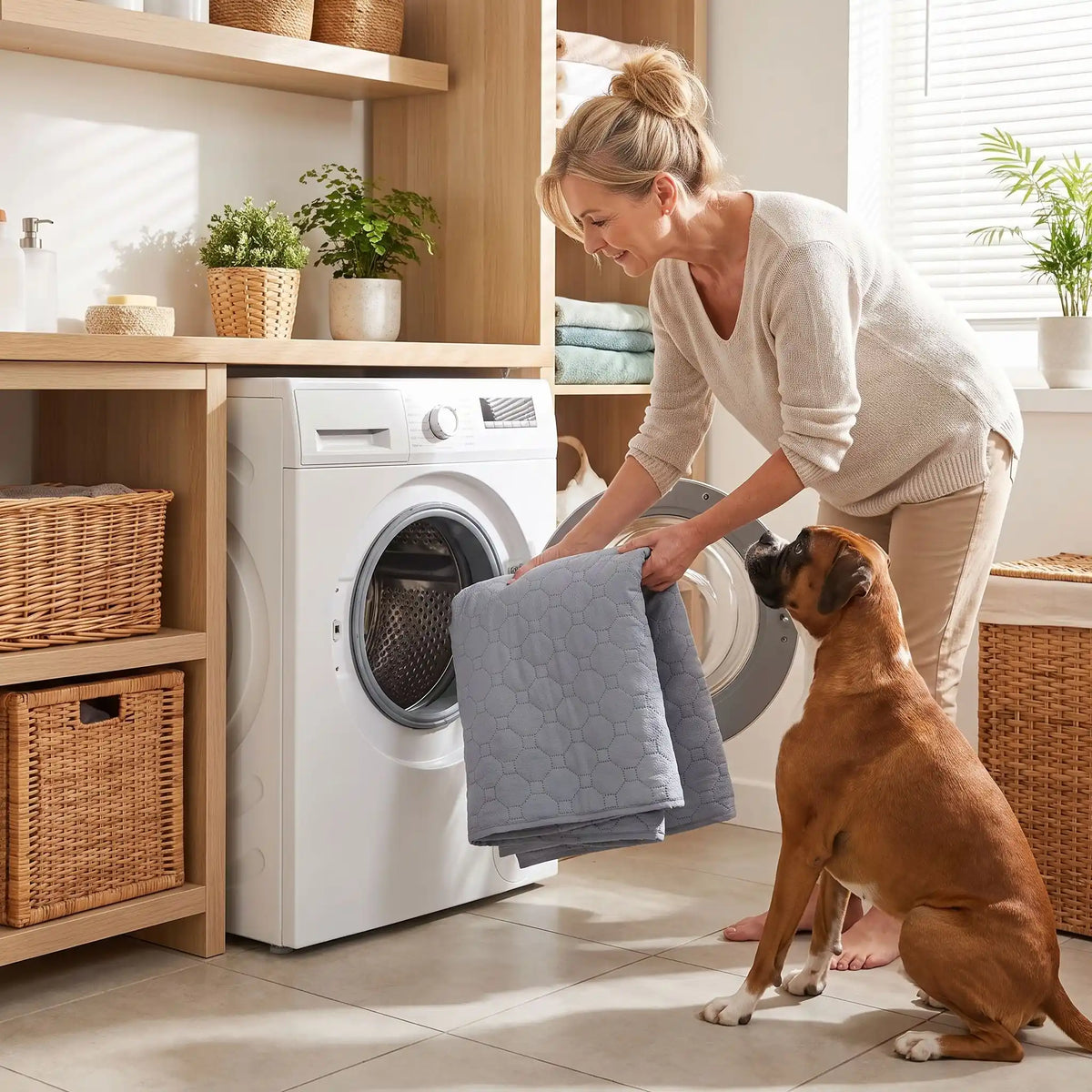 Alèse-lavable-chien-chiot-ultra-absorbant-gris, tapis confortable, surface anti poils et anti humidité, multi-couches 100% coton haute densité et son fond imperméable et antidérapant, disponible en 5 tailles : S, M, L et XL pour toute tailles et races de chiots et chien, multifonction, il protège efficacement sol, literie, meubles, voiture, caisse de transport et, réutilisable et durable, écologique-une maitresse qui met la grande alèse épaisse tel un tapis gris matelassé et confortable dans la machine