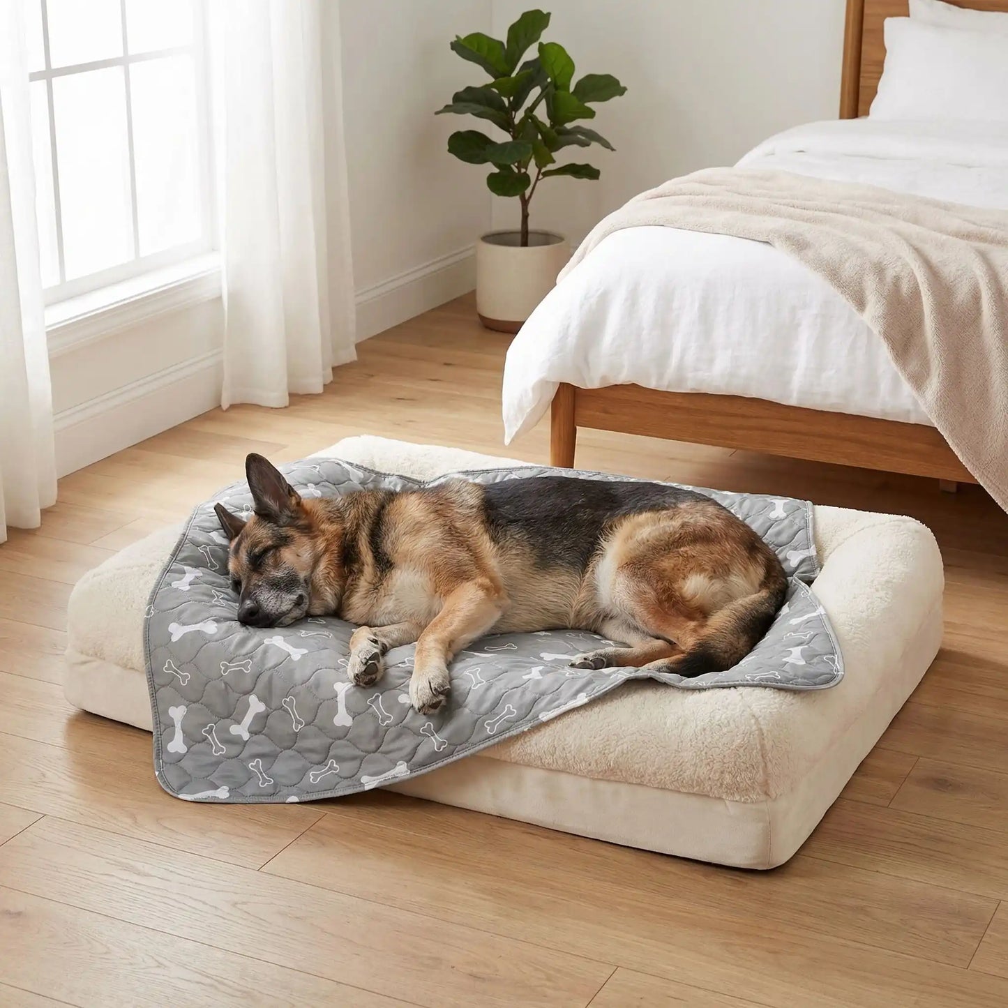 Alèse-lavable-chien-chiot-apprentissage-proprete-chien âgés, incontinent, 100% imperméable, lavable en machine, résistant aux griffes, durable, vendu en lot de deux, écoresponsable et écologique-un Berger allemand âgé qui dort couché sur le tapis absorbant gris avec imprimé os blanc sur son coussin rectangulaire dans la chambre de l'appartement