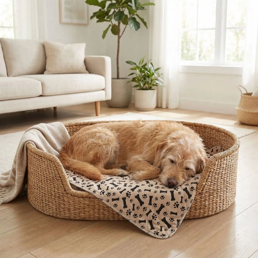 Alèse-lavable-chien-chiot-apprentissage-proprete-chien âgés, incontinent, 100% imperméable, lavable en machine, résistant aux griffes, durable, vendu en lot de deux, écoresponsable et écologique-un chien très âgé qui dort en boule sur le tapis absorbant beige marron avec imprimé os et pattes de chiens de couleur noir dans son panier en osier dans le salon de la maison