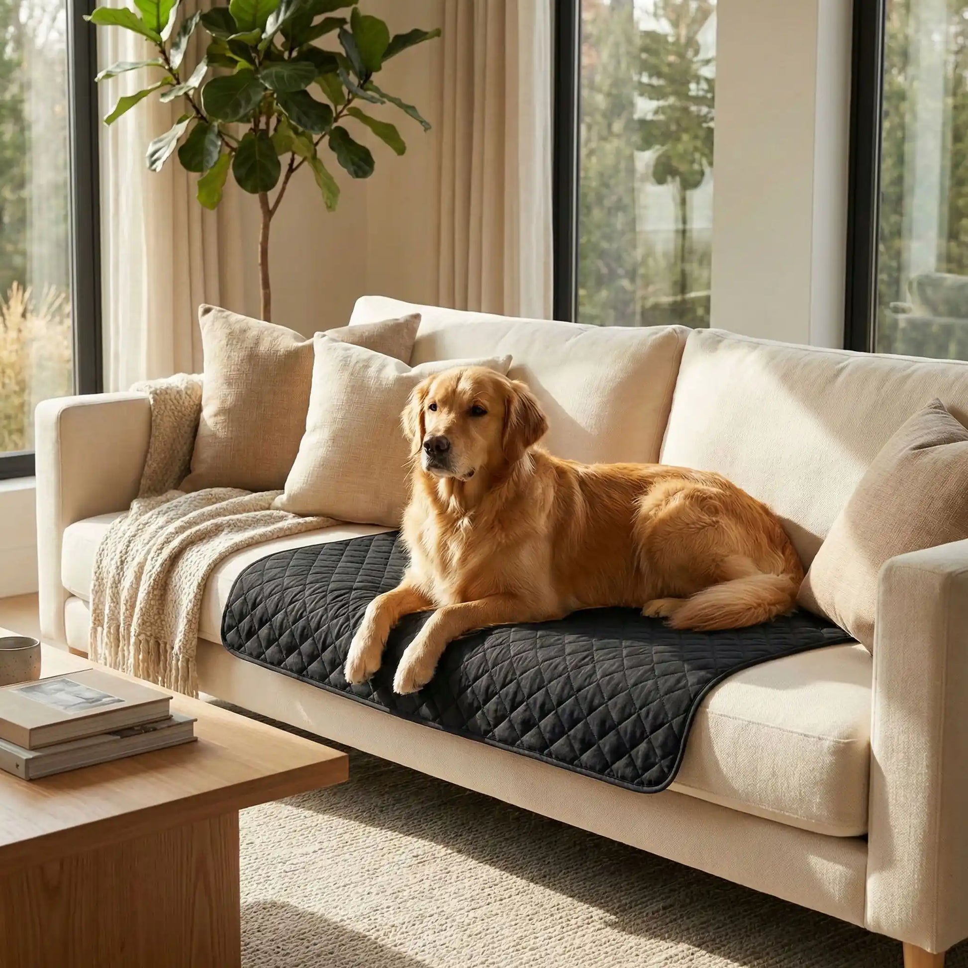 Alese-lavable-chien-chiot-lot-de-2-avec 4 couches ultra absorbantes 100% imperméable-tapis d'apprentissage de la propreté ou pour incontinence ou post opératoire-polyvalent comme protection canapé, lit, meuble, panier, siège de voiture, lavable en machine en deux tailles M et L pour tous les chiens-un Golden retriever couché sur le tapis absorbant qui protège le canapé du salon 