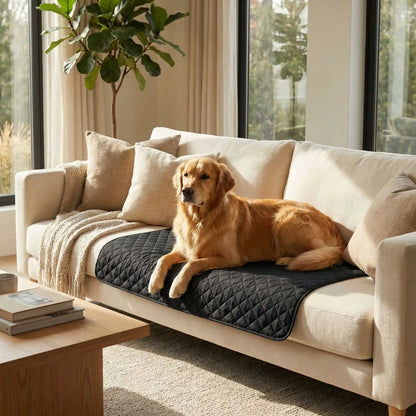 Alese-lavable-chien-chiot-lot-de-2-avec 4 couches ultra absorbantes 100% imperméable-tapis d'apprentissage de la propreté ou pour incontinence ou post opératoire-polyvalent comme protection canapé, lit, meuble, panier, siège de voiture, lavable en machine en deux tailles M et L pour tous les chiens-un Golden retriever couché sur le tapis absorbant qui protège le canapé du salon 