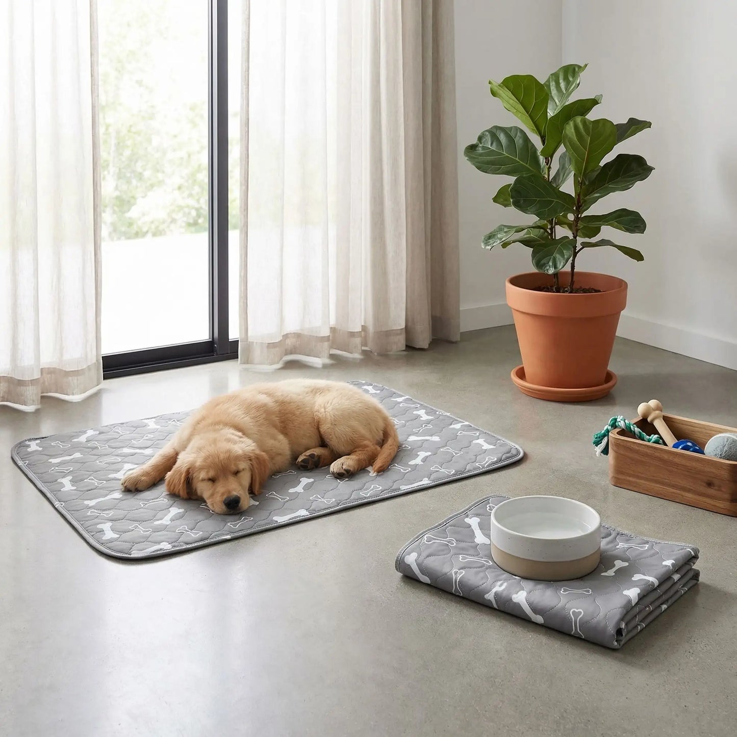 Alèse-lavable-chien-chiot-apprentissage-proprete-chien âgés, incontinent, 100% imperméable, lavable en machine, résistant aux griffes, durable, vendu en lot de deux, écoresponsable et écologique-un chiot couché sur le tapis absorbant gris  avec imprimé os  de couleur blanche sur le sol du salon de la maison