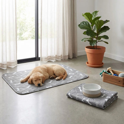 Alèse-lavable-chien-chiot-apprentissage-proprete-chien âgés, incontinent, 100% imperméable, lavable en machine, résistant aux griffes, durable, vendu en lot de deux, écoresponsable et écologique-un chiot couché sur le tapis absorbant gris  avec imprimé os  de couleur blanche sur le sol du salon de la maison