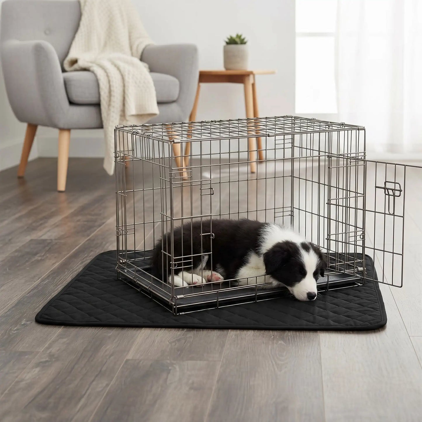 Alèse lavable chiot hygiène, imperméable, 4 couches absorbantes, surface douce qui reste toujours sèche résistante aux griffes et lavable en machine pour chiot de petite à grande taille,durable et polyvalent comme protection de la literie, couchage, sol, siège voiture, etc- un chiot de race moyenne qui dort paisiblement dans sa cage de transport sur l'alèse douce et confortable de couleur noire qui protège des accidents pipi