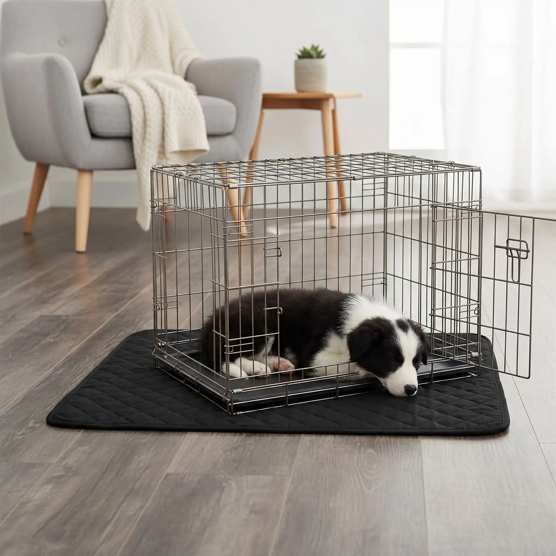 Alèse lavable chiot hygiène, imperméable, 4 couches absorbantes, surface douce qui reste toujours sèche résistante aux griffes et lavable en machine pour chiot de petite à grande taille,durable et polyvalent comme protection de la literie, couchage, sol, siège voiture, etc- un chiot de race moyenne qui dort paisiblement dans sa cage de transport sur l'alèse douce et confortable de couleur noire qui protège des accidents pipi