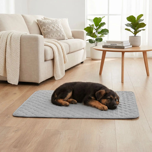 Alèse lavable chiot hygiène, imperméable, 4 couches absorbantes, surface douce qui reste toujours sèche résistante aux griffes et lavable en machine pour chiot de petite à grande taille,durable et polyvalent comme protection de la literie, couchage, sol, siège voiture, etc- un chiot de grande race qui dort paisiblement sur l'alèse douce et confortable de couleur grise sur le sol du salon de la maison
