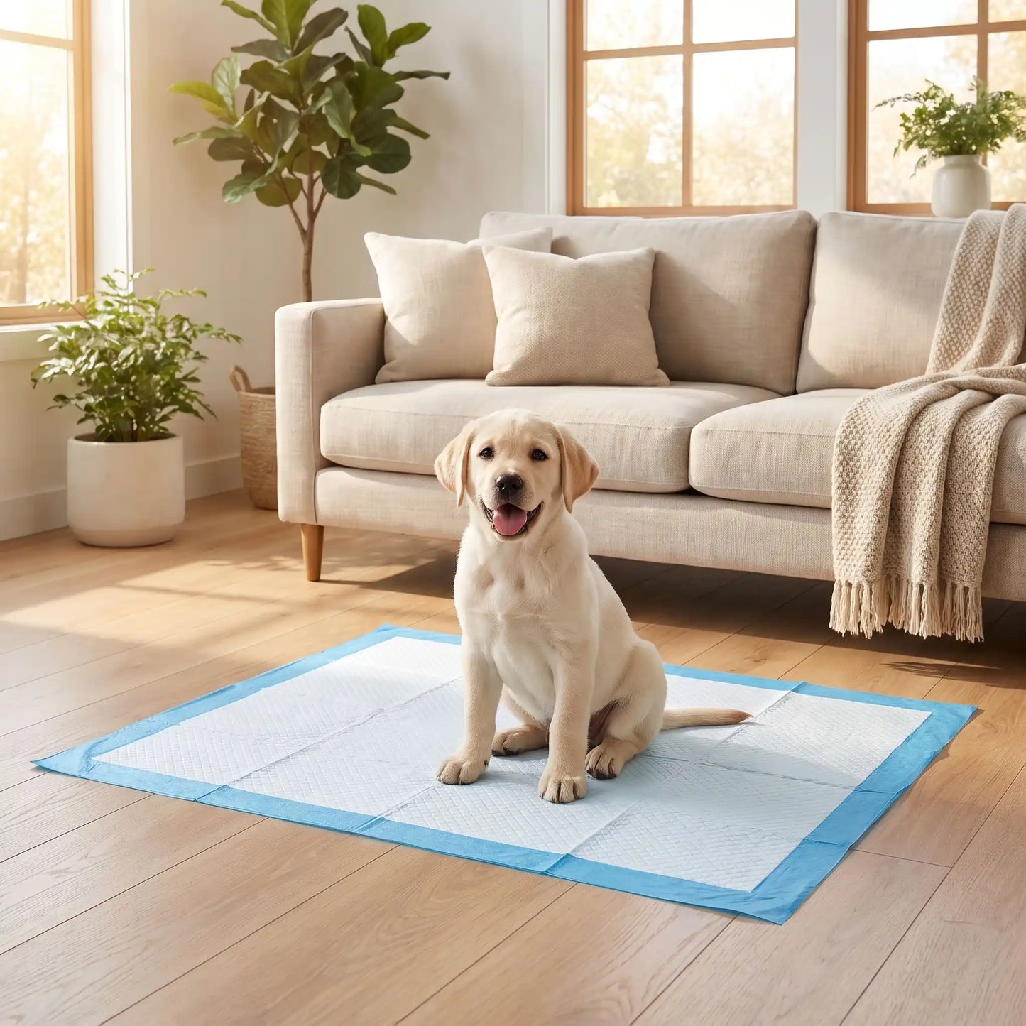 Aleses-jetables-pour-chiens-chiot-absorbantes, 5 couches, coton PP, imperméable vendues par lot de 100, 50, 40 ou 30 pièces et disponible en 4 tailles : S, M, L et XXL pour protection de meuble, de literie , apprentissage de propreté, incontinence, post-opératoire pour chiot et chien de petite à moyenne race-un chiot de race moyenne assis confortablement sur son alèse jetable xxl pour chien sur le sol en parquet du salon de l'appartement