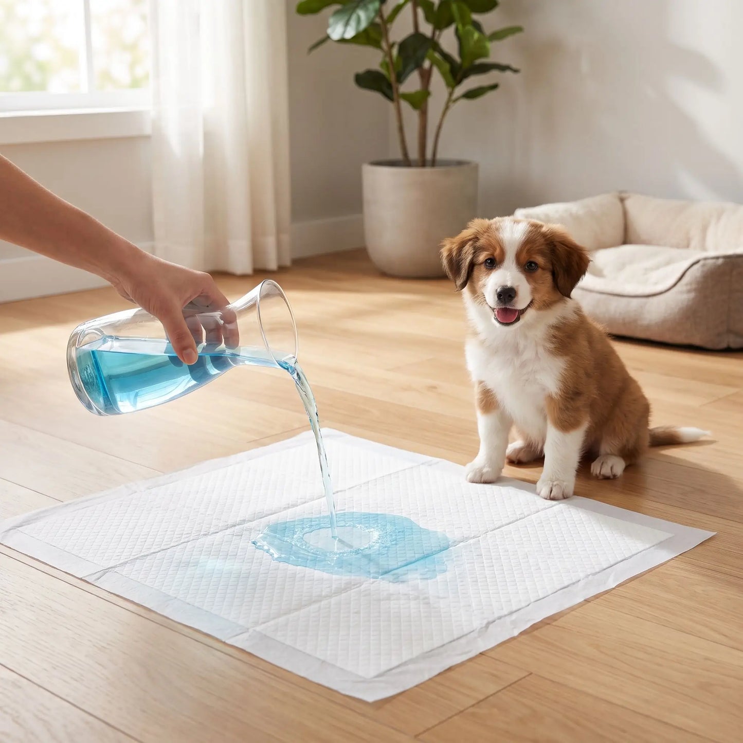 Aleses-jetables-pour-chiens-chiot-absorbantes, 5 couches, coton PP, imperméable vendues par lot de 100, 50, 40 ou 30 pièces et disponible en 4 tailles : S, M, L et XXL pour protection de meuble, de literie , apprentissage de propreté, incontinence, post-opératoire pour chiot et chien de petite à moyenne race-un chiot qui regarde sa propriétaire renverser une carafe d'eau de couleur bleue pour montrer l'effet absorbant immédiat de l'alèse jetable pour chien sur le sol en parquet du salon