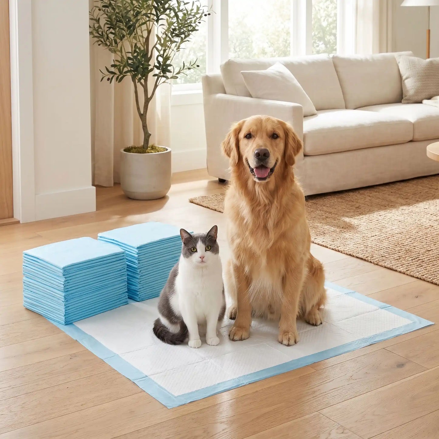 Aleses-jetables-pour-chiens-chiot-absorbantes, 5 couches, coton PP, imperméable vendues par lot de 100, 50, 40 ou 30 pièces et disponible en 4 tailles : S, M, L et XXL pour protection de meuble, de literie , apprentissage de propreté, incontinence, post-opératoire pour chiot et chien de petite à moyenne race-un chien de moyenne taille avec un caht assis tout deux sur une alèse dépliée de taille xxl douce en coton et tissu solide avec deux piles d'alèses derrière eux sur le sol en bois vendues en lot 