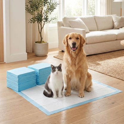Aleses-jetables-pour-chiens-chiot-absorbantes, 5 couches, coton PP, imperméable vendues par lot de 100, 50, 40 ou 30 pièces et disponible en 4 tailles : S, M, L et XXL pour protection de meuble, de literie , apprentissage de propreté, incontinence, post-opératoire pour chiot et chien de petite à moyenne race-un chien de moyenne taille avec un caht assis tout deux sur une alèse dépliée de taille xxl douce en coton et tissu solide avec deux piles d'alèses derrière eux sur le sol en bois vendues en lot 