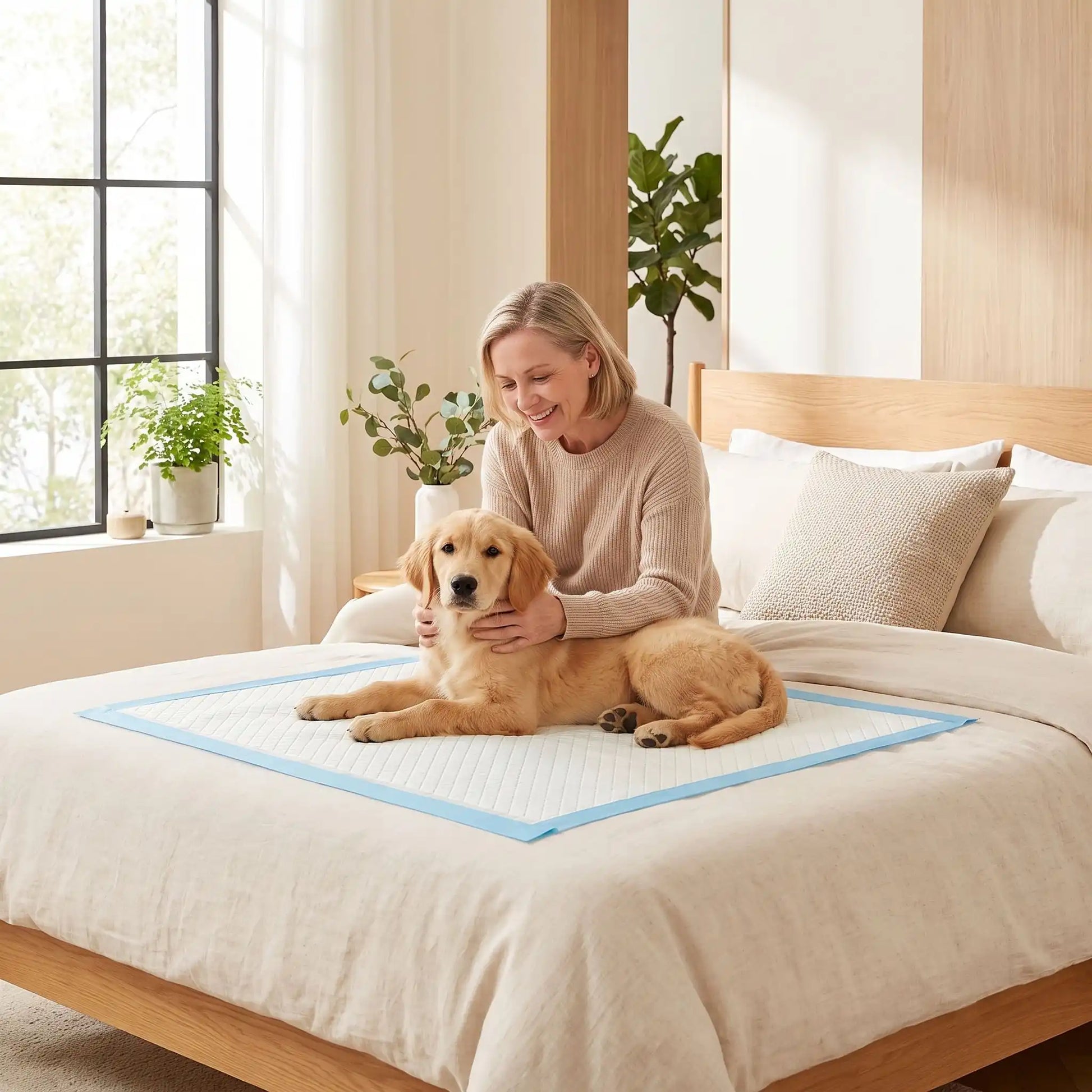 Aleses-jetables-pour-chiens-chiot-absorbantes, 5 couches, coton PP, imperméable vendues par lot de 100, 50, 40 ou 30 pièces et disponible en 4 tailles : S, M, L et XXL pour protection de meuble, de literie , apprentissage de propreté, incontinence, post-opératoire pour chiot et chien de petite à moyenne race-un chiot de race moyenne qui se fait caresser tendrement par sa propriétaire assise à ses côtés; couché confortablement sur l'alèse jetable sur le lit de sa maitresse dans la chambre de la maison