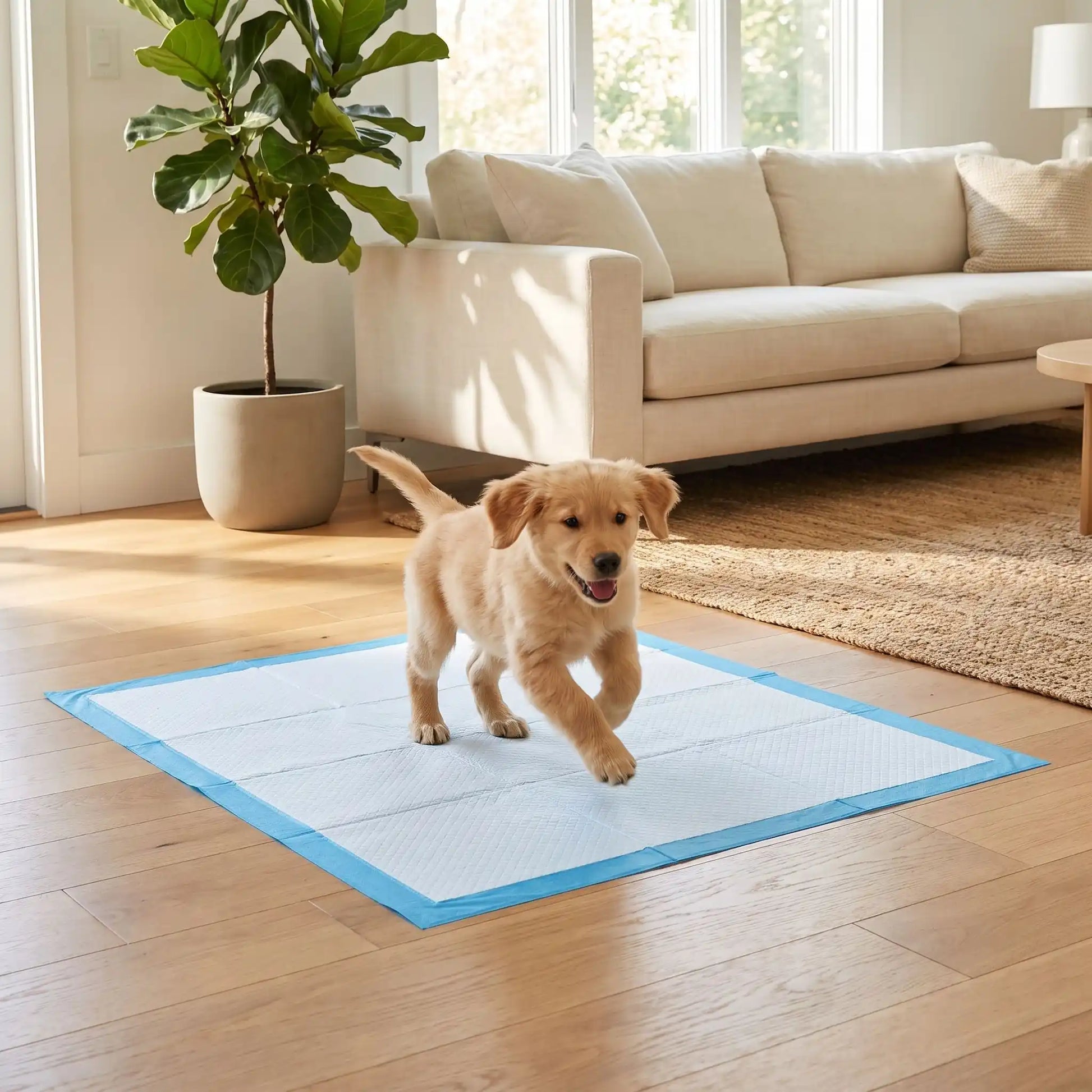 Aleses-jetables-pour-chiens-chiot-absorbantes, 5 couches, coton PP, imperméable vendues par lot de 100, 50, 40 ou 30 pièces et disponible en 4 tailles : S, M, L et XXL pour protection de meuble, de literie , apprentissage de propreté, incontinence, post-opératoire pour chiot et chien de petite à moyenne race-un chiot de race moyenne qui court sur l'alèse jetable pour chien fixé solidement sur le sol en parquet du salon grâce à ses 4 coins adhésifs 