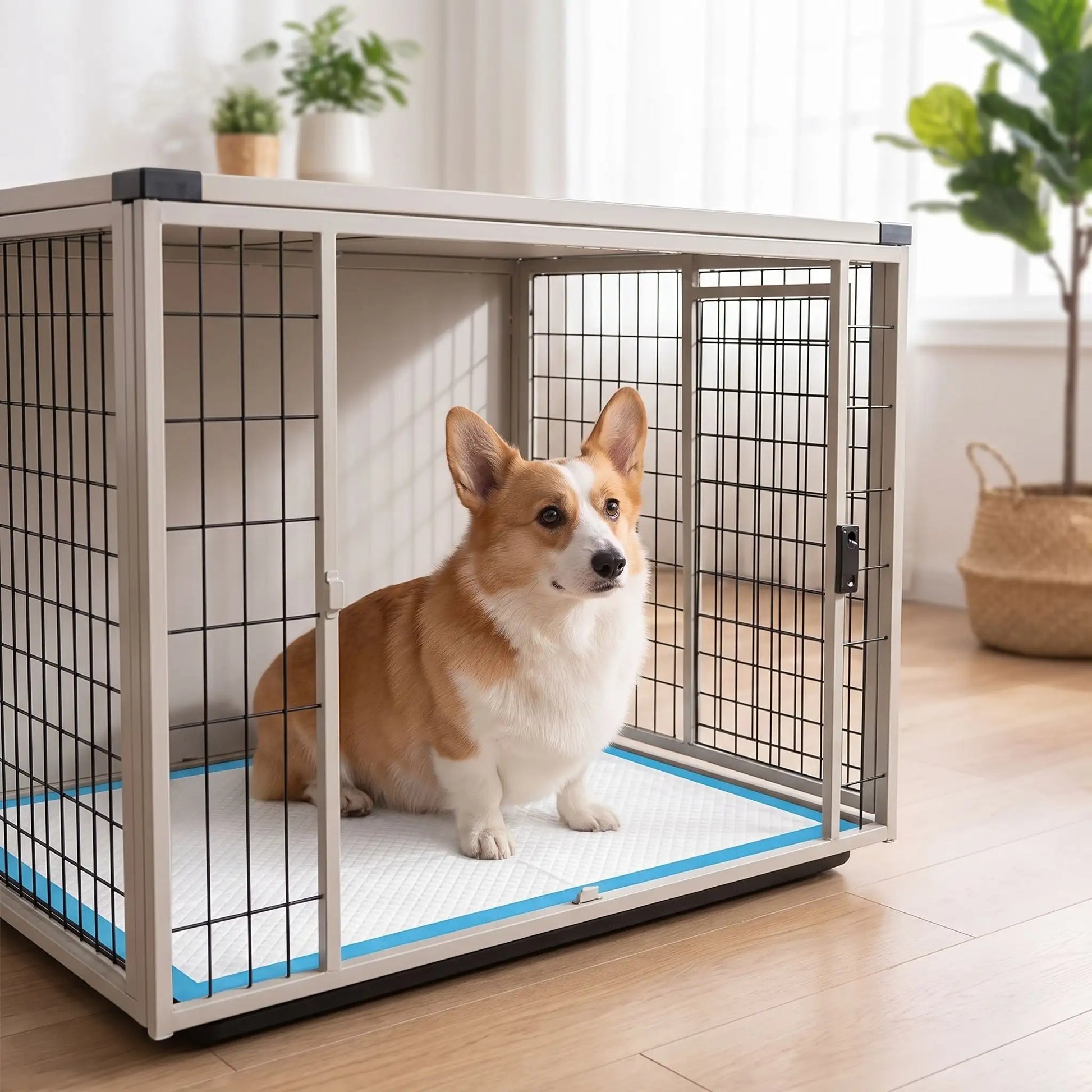 Aleses-jetables-pour-chiens-chiot-absorbantes, 5 couches, coton PP, imperméable vendues par lot de 100, 50, 40 ou 30 pièces et disponible en 4 tailles : S, M, L et XXL pour protection de meuble, de literie , apprentissage de propreté, incontinence, post-opératoire pour chiot et chien de petite à moyenne race-un chien de race moyenne assis confortablement sur l'alèse jetable pour chien fixé par ses 4 coins adhésifs sur le fond de sa cage interieur pour chien dans le salon de la maison