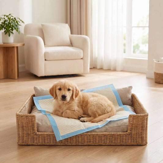 Aleses-jetables-pour-chiens-chiot-absorbantes, 5 couches, coton PP, imperméable vendues par lot de 100, 50, 40 ou 30 pièces et disponible en 4 tailles : S, M, L et XXL pour protection de meuble, de literie , apprentissage de propreté, incontinence, post-opératoire pour chiot et chien de petite à moyenne race-un chiot de grande race couché confortablement sur  l'alèse jetable pour chien posé sur le coussin de son panier rectangulaire en osier pour protéger son couchage et sa literie efficacement 