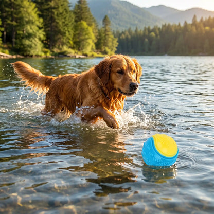 Balle-pour-chien-Lot-de-3-exterieur-et-aquatique, balles flottantes, multicolores, 100 caoutchouc naturel souple et solides , balle sonore quand le chien la presse dans sa mâchoire, surface texturée pour un massage bucco-dentaire très utile pour coulagre les chiots , 3 balles de diamètres de 6,5 cm idéales pour chiot et chien de petite à moyenne race- un chien de race moyenne qui court derrière la balle flottante en gros plan qui flotte sur le lac