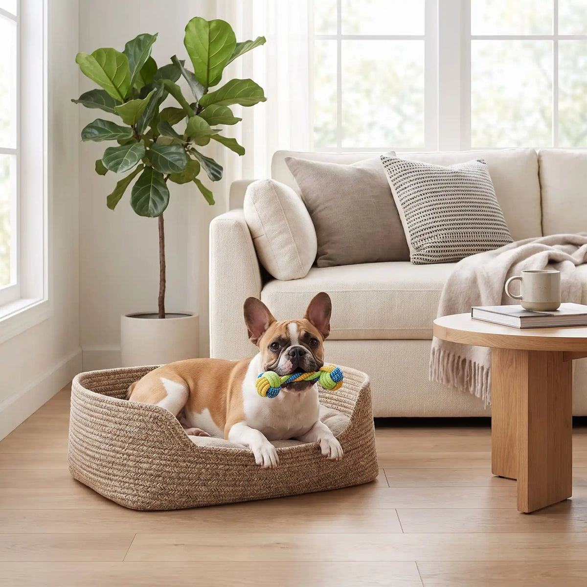 Balle-pour-chien-avec-corde-chiot-avec-noeuds-solides, vendues en lot de 4 ou 7 jouet avec différentes balles et longueur de corde, jouet à mâcher-un chien de taille moyenne couché dans son panier qui tient les deux balles en corde en forme d'haltère dans sa mâchoire pour un jeu d'occupation doux, sans danger et durable dans le salon de l'appartement