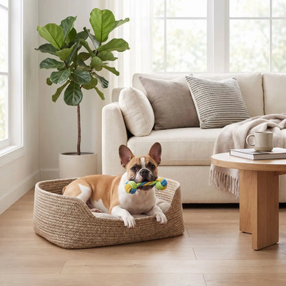 Balle-pour-chien-avec-corde-chiot-avec-noeuds-solides, vendues en lot de 4 ou 7 jouet avec différentes balles et longueur de corde, jouet à mâcher-un chien de taille moyenne couché dans son panier qui tient les deux balles en corde en forme d'haltère dans sa mâchoire pour un jeu d'occupation doux, sans danger et durable dans le salon de l'appartement