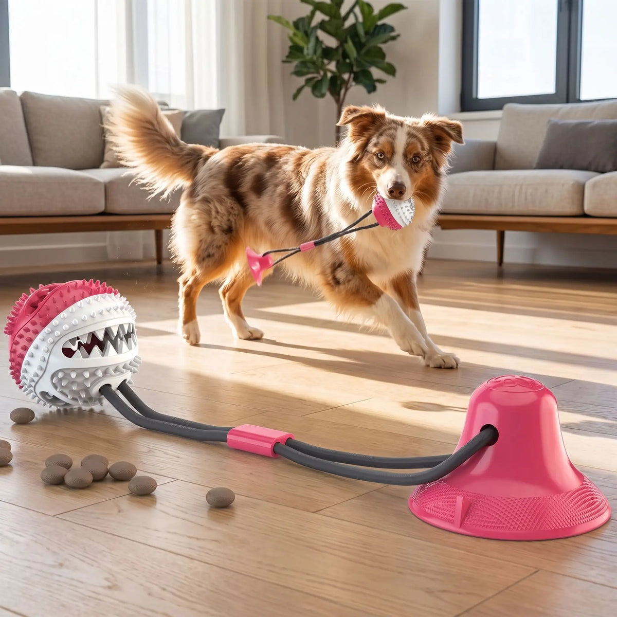 Balle-pour-chien-avec-ventouse-chiot-distributeur-de-croquette en caoutchouc naturel solide et écoresponsable, lavable, jouet d'occupation alimentaire, jeu de recherche et récompense, balle de 8 cm de diamètre adapté au race moyenne à grande, cordon extensible robuste pour des jeu de tire à la corde autonome avec sa ventouse imperméable qui colle sur toutes surfaces lisses-un chien moyen actif  qui tire la balle corde avec ventouse par sa mâchoire pour un jeu qui muscle et récompense par les friandises 