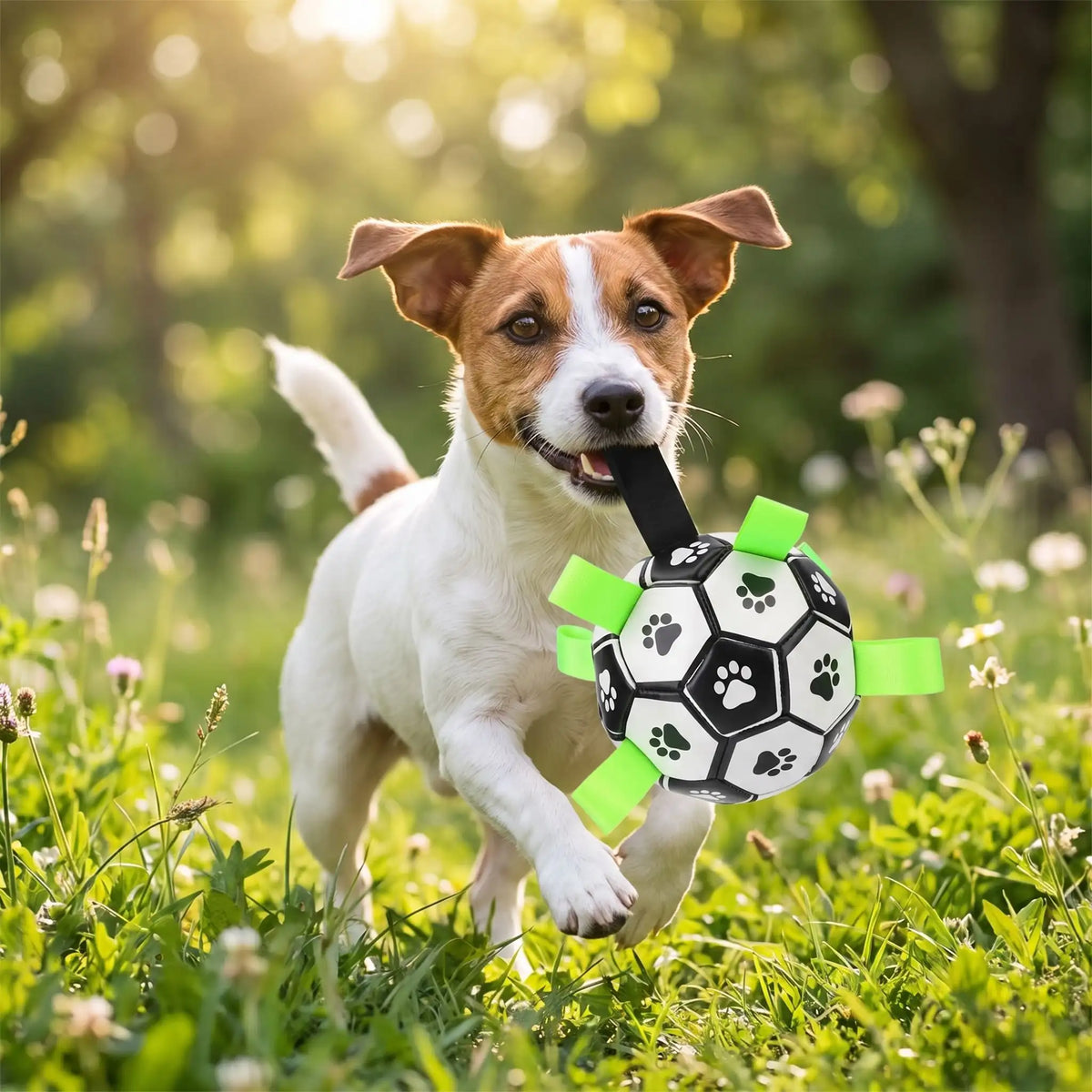 Balle-pour-chien-de-foot-chiot-avec-sangles en nylon robuste pour une meilleur préhension, gonflable avec pompe fournie, TPU sans danger, rembourrage caoutchouc naturel et coutures solides en coton, écoresponsable et sans danger, ballon rebondissant et flottant de 15 cm de diamètre idéal pour les chiots et chien de petite à moyenne taille-un chien de petite race qui tient fièrement son ballon de foot par la grande sangle noir en courant dans le jardin