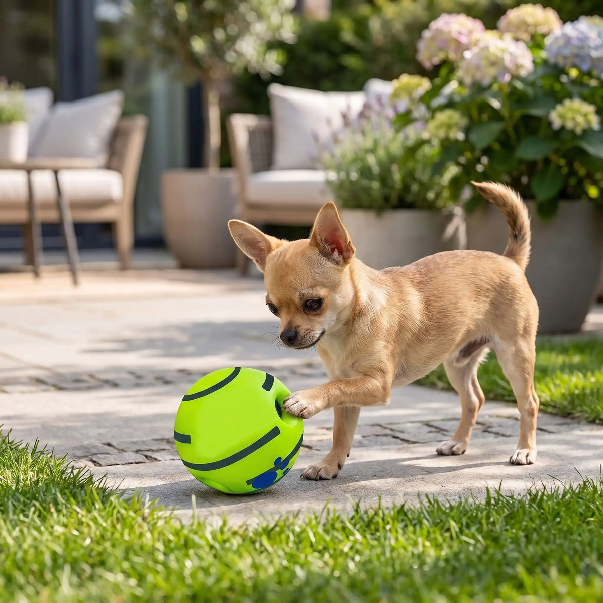 Balle-pour-chien-sonore-rebondissante-solide-verte, rebondissante, avec trou de préhension, disponible en 3 tailles pour chiot et chien de petite, moyenne et grande taille-un chien de race naine qui joue avec plaisir avec sa balle sonore taille S  de couleur verte sur la terrasse de la maison