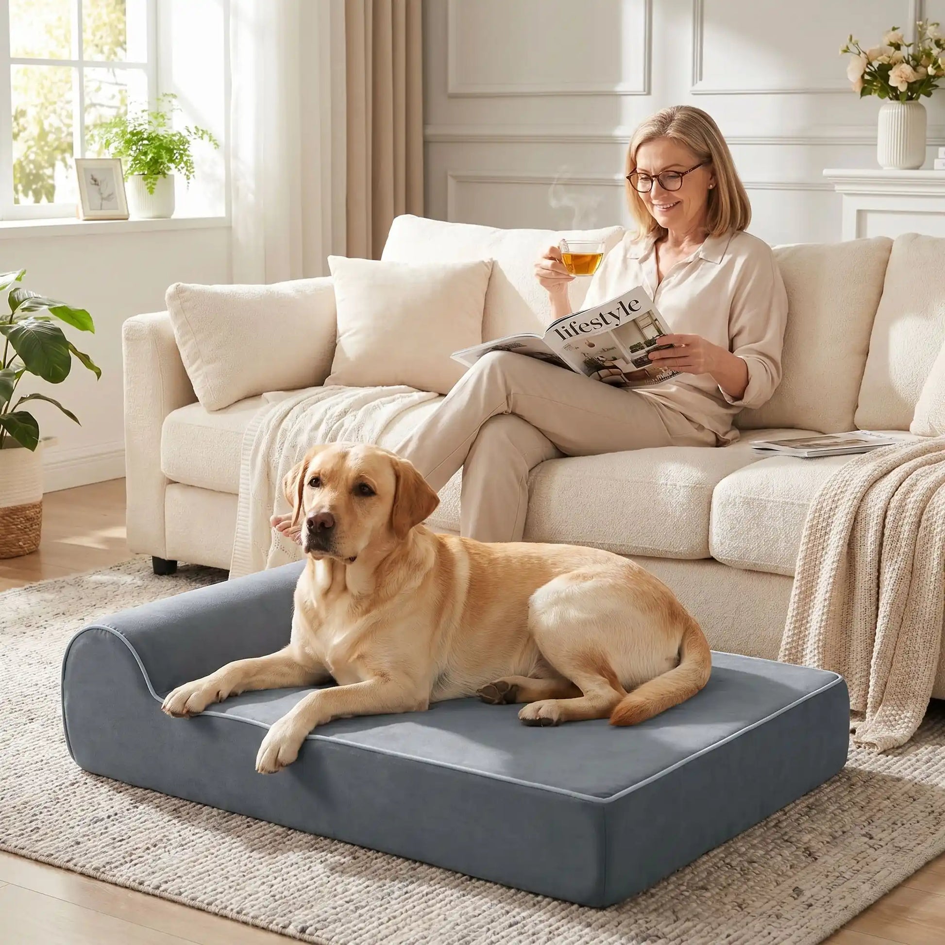 Banquette-chien-chiot orthopédique rectangulaire avec matelas et oreiller intégré, déhoussable et lavabale en machine à laver, antidérapant, 100% imperméable, housse en tissu ultra-douce crystal, matelas et oreiller à mémoire de forme haute densité et résilience, longueur de 100 cm et 20 cm d'épaisseur pour chien et chiot de moyenne à grande taille jusqu'à 45 kg-un labrador couché confortablement sur sa banquette  au pied de sa maitresse assise sur son canapé dans le salon de l'appartement