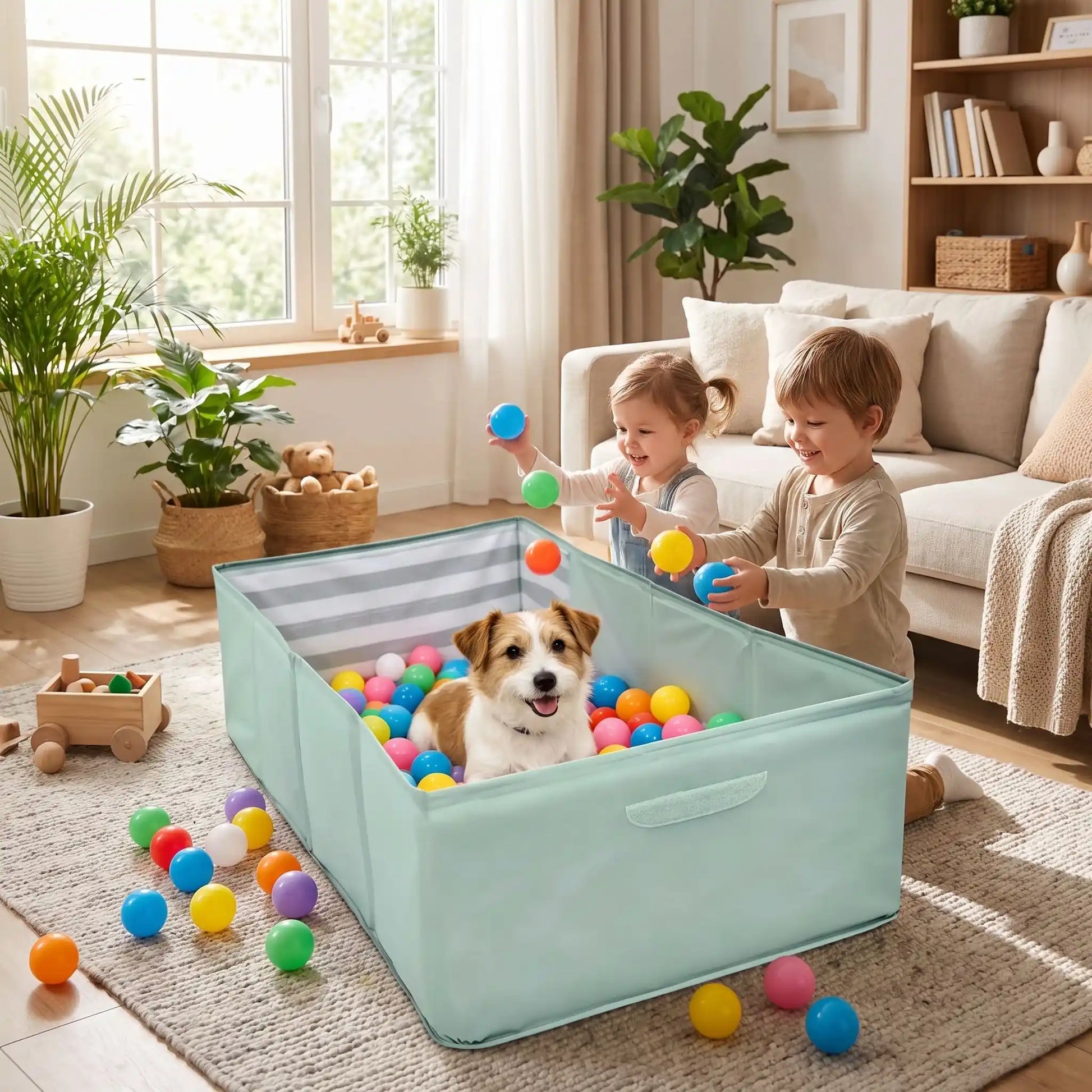 Bassin-pour-chien-baignoire en PVC renforcé et imperméable, légère, pliable, compact, légère, transportable, nomade de 80 cm de long pour chiot et chien de petite taille de 0 à 15 kg, polyvalent pour le bain, piscine, piscine à balle, pataugeoire, rangement, etc- un petit chien qui s'éclatent dans la piscine pour chien rectangulaire pliable avec parois rigides remplis de balles de toutes les couleurs avec deux enfants qui ramassent les balles dans le salon de l'appartement