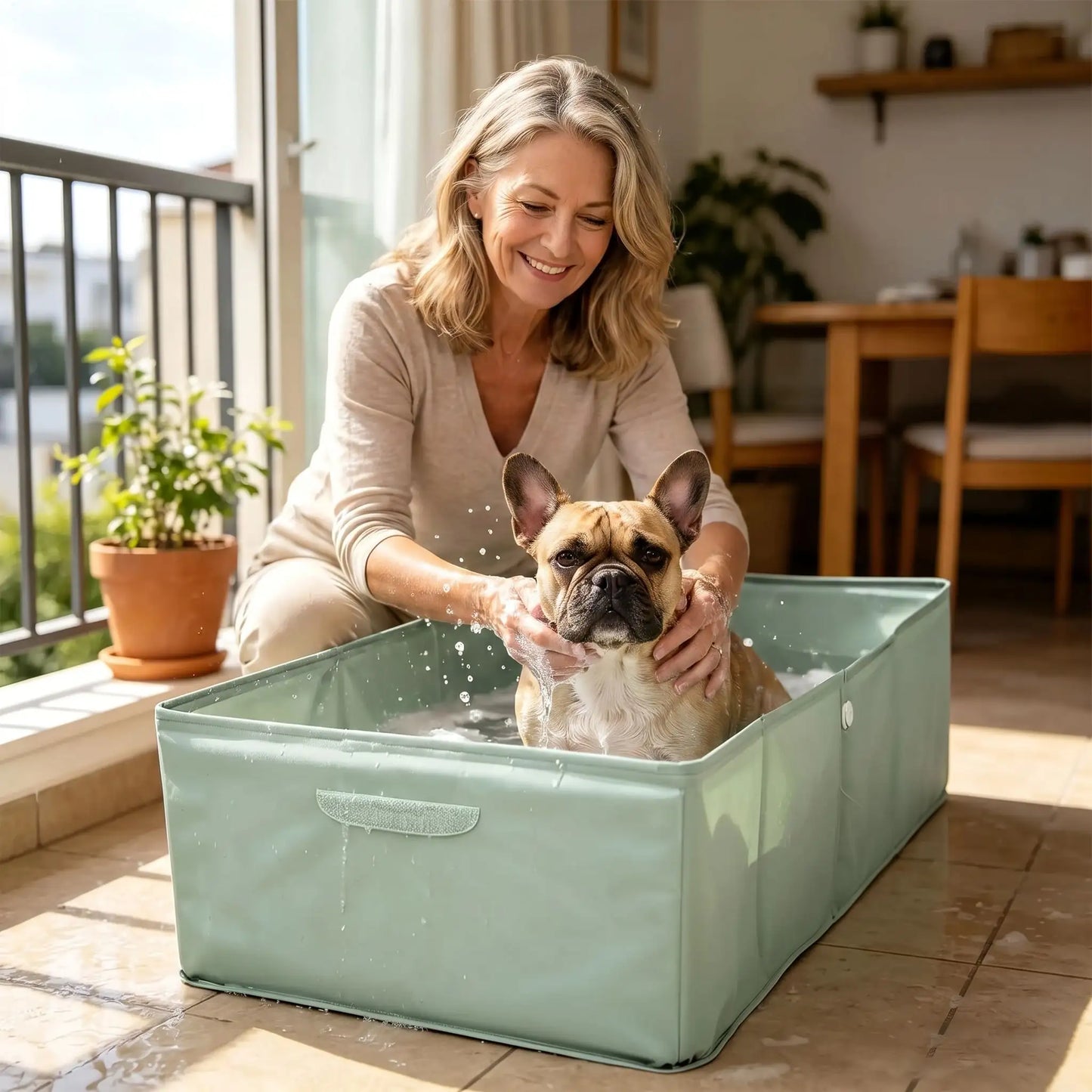 Bassin-pour-chien-baignoire en PVC renforcé et imperméable, légère, pliable, compact, légère, transportable, nomade de 80 cm de long pour chiot et chien de petite taille de 0 à 15 kg, polyvalent pour le bain, piscine, piscine à balle, pataugeoire, rangement, etc- un chien de race moyenne qui prend son bain avec sa maitresse qui le lave tendrement avec le shampoing dans la piscine pour chien rectangulaire pliable avec parois rigides dans le salon de l'appartement en été