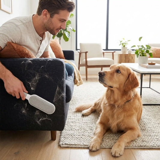 Brosse-anti-poils-chien-anti-statique-efficace-auto-nettoyante, réutilisable, écoresponsable pour tous les tissus, meubles, vêtement, couchage du chien-un maitre qui passe la brosse anti poils sur le tissu du canapé et enlève en un seul geste les poils de son golden retriever qui le regarde faire couché sur le sol dans le salon de la maison