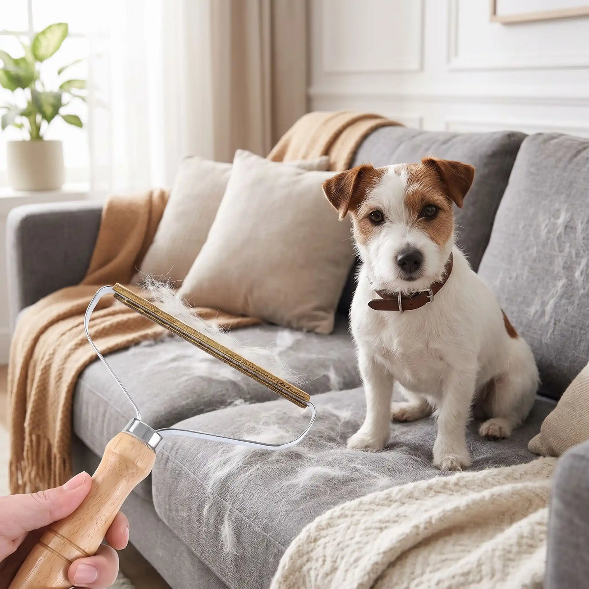 Brosse-anti-poils-chien-animaux, chat, manche en bambou, structure en acier robuste et fils de cuivre, efficace en un passage pour tous types de vêtements (sauf cachemire et laine), ameublement, tissu, canapé, siège de voitures, tapis, rideaux, moquette, canapé, etc.- gros plan sur la brosse anti poil efficace et robuste, réutilisable à l'infini, avec en arrière plan un chien assis sur le canapé en tissu remplit de ses poils dans le salon de l'appartement 