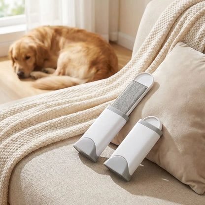 Brosse-anti-poils-chien-anti-statique-efficace-auto-nettoyante, réutilisable, écoresponsable pour tous les tissus, meubles, vêtements, couchage du chien-gros plan sur le modèle de la brosse anti poils d'animaux en format de poche rétractable, idéal pour le mettre dans le sac, l'emporter en voyage avec son format compact