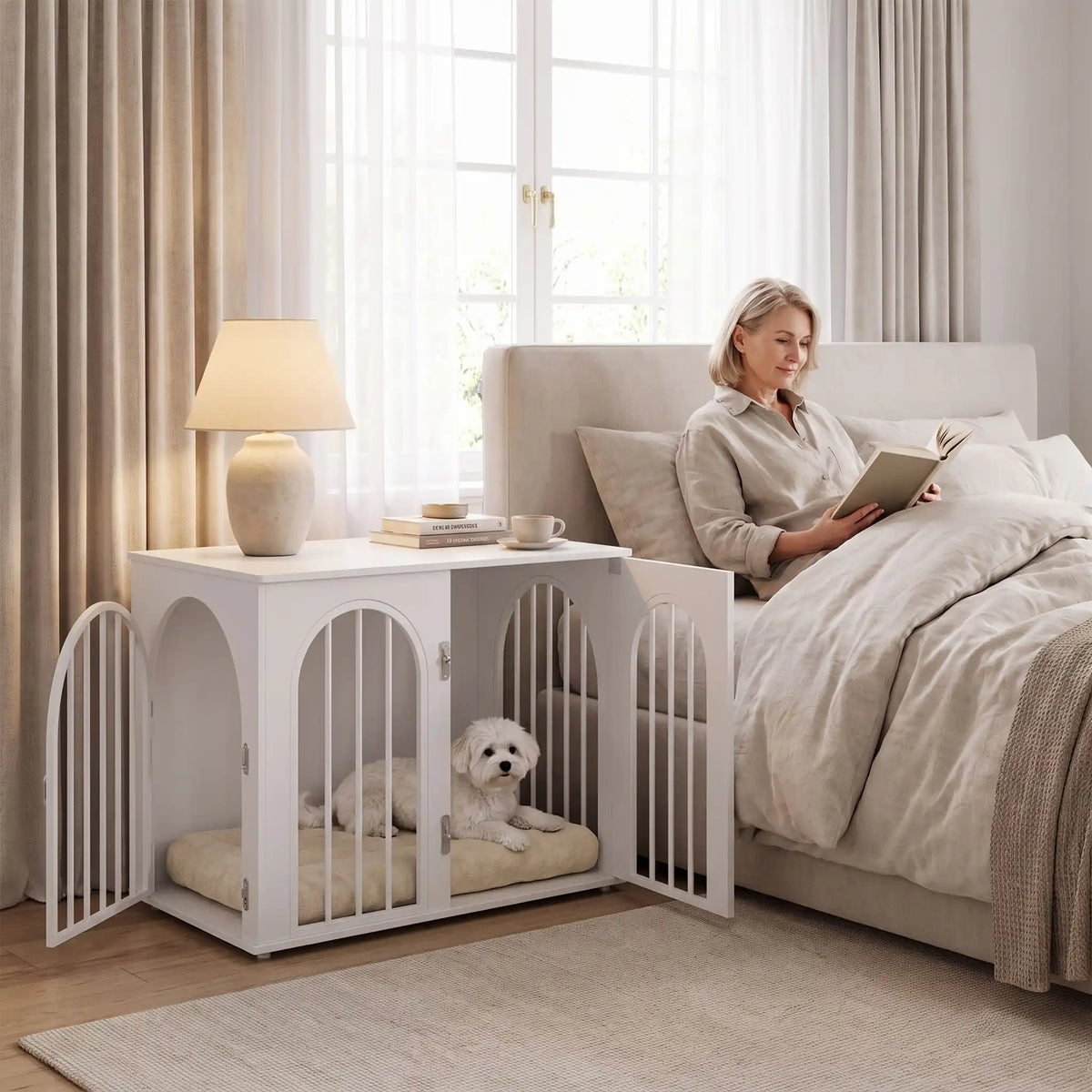 Cage design chien et chiot de petite à moyenne race , bois blanc barreaux en acier blanc inoxydable cylindrique de 1 cm d'épaisseur robuste et anti-déformation, 3 portes d'accès, double porte avant et porte latérale, respirante et ouverte avec fond en bois et ouverteure par barreaux sur 180° degrés pour chiot et chien -un chien de petite race couché confortablement sur son matelas dans son meuble niche en bois blanc avec une porte avant ouverte et la porte latérale ouverte en table de nuit à côté du lit