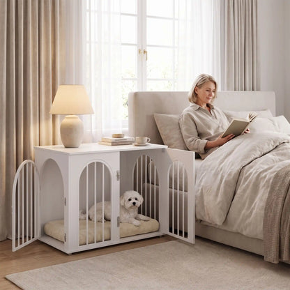 Cage design chien et chiot de petite à moyenne race , bois blanc barreaux en acier blanc inoxydable cylindrique de 1 cm d'épaisseur robuste et anti-déformation, 3 portes d'accès, double porte avant et porte latérale, respirante et ouverte avec fond en bois et ouverteure par barreaux sur 180° degrés pour chiot et chien -un chien de petite race couché confortablement sur son matelas dans son meuble niche en bois blanc avec une porte avant ouverte et la porte latérale ouverte en table de nuit à côté du lit