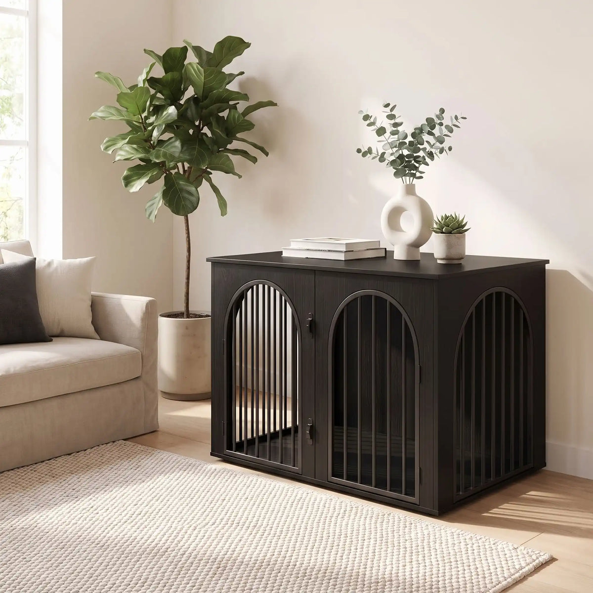 Cage design chien et chiot de petite à moyenne race , bois noir barreaux en acier noir inoxydable cylindrique de 1 cm d'épaisseur robuste et anti-déformation, 3 portes d'accès, double porte avant et porte latérale, respirante et ouverte avec fond en bois et ouverteure par barreaux sur 180° degrés pour chiot et chien -gros plan sur le meuble niche en bois noir avec double porte avant avec double serrure et porte latérale avec double serrure décoratif dans le salon de la maison