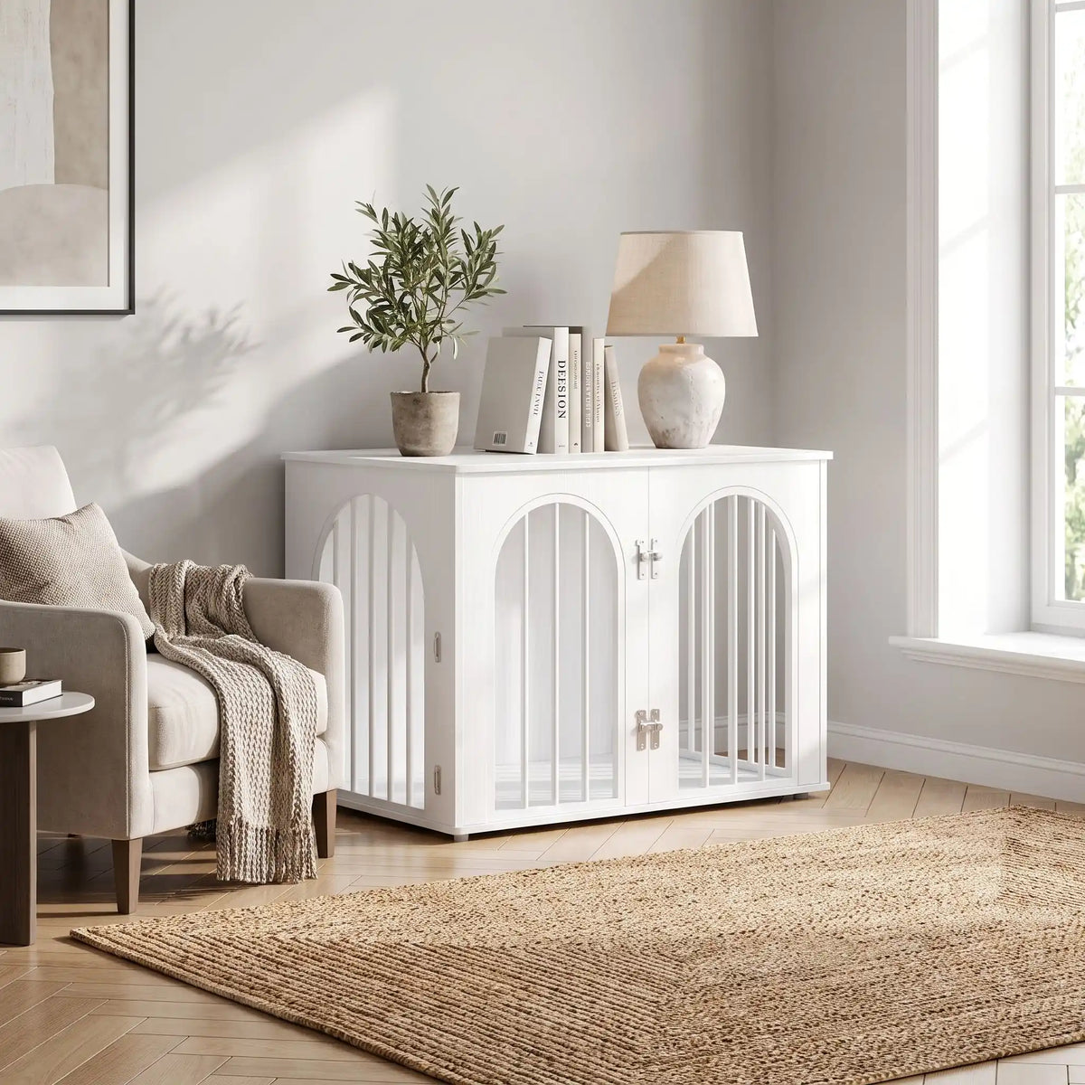 Cage design chien et chiot de petite à moyenne race , bois blanc barreaux en acier blanc inoxydable cylindrique de 1 cm d'épaisseur robuste et anti-déformation, 3 portes d'accès, double porte avant et porte latérale, respirante et ouverte avec fond en bois et ouverteure par barreaux sur 180° degrés pour chiot et chien -Gros plan sur le meuble cage en bois blanc avec double porte avant et porte latérale fermées dans le salon de l'appartement